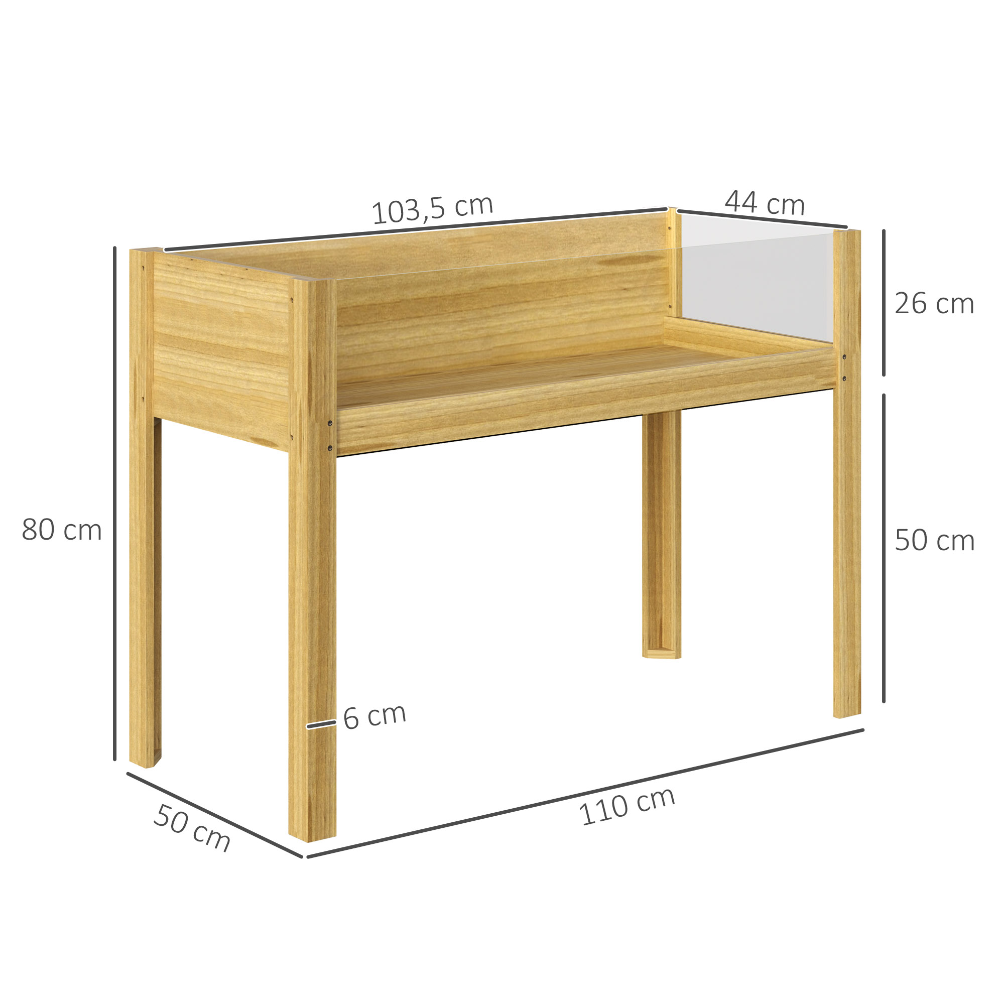 Hochbeet, Holz-Pflanzbox mit Acrylplatten an zwei Seiten, für 118 L Erde, Wasserabflusslöcher, 110 x 50 x 80 cm