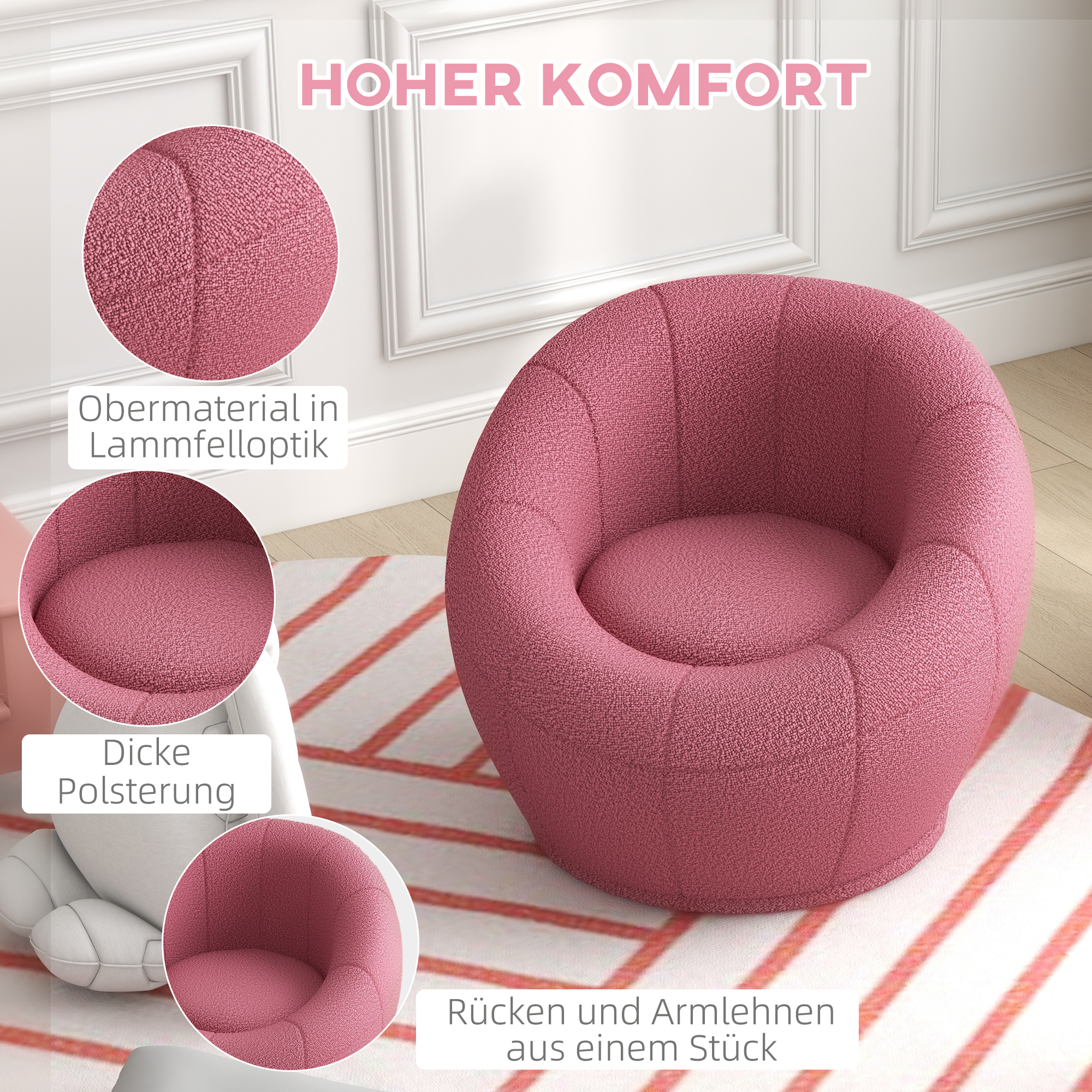 Kindersessel Kindermöbel Kinderhocker, Teddy-Fleece, 60 cm x 56 cm x 48 cm, Rosa