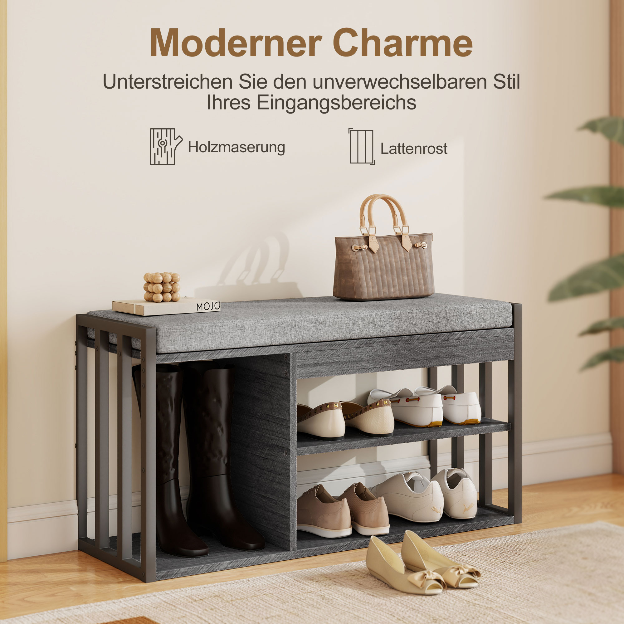 Schuhregal mit Sitzbank, Flurregal für Schuhe, Schuhschrank mit 3-stufigem Design, für Flur, Eingangsbereich, Wohnzimmer, Schlafzimmer, Grau