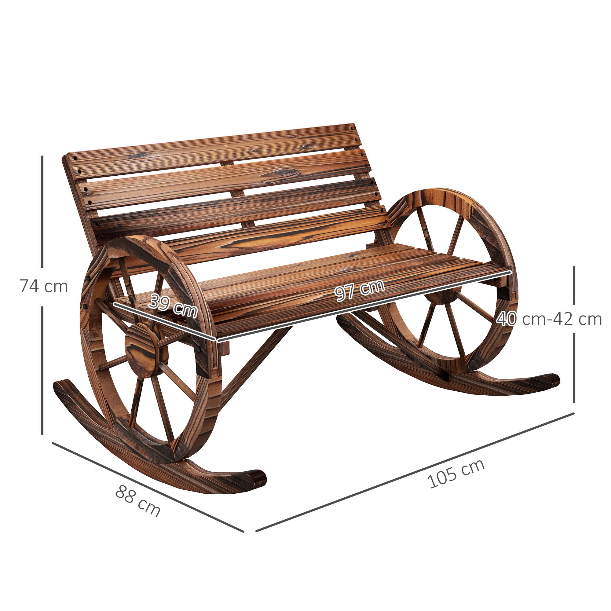 Garten-Schaukelbank, 2-Personen-Schaukel, mit radförmigen Armlehnen, für Balkon, Garten, Terrasse, carbonisiert.