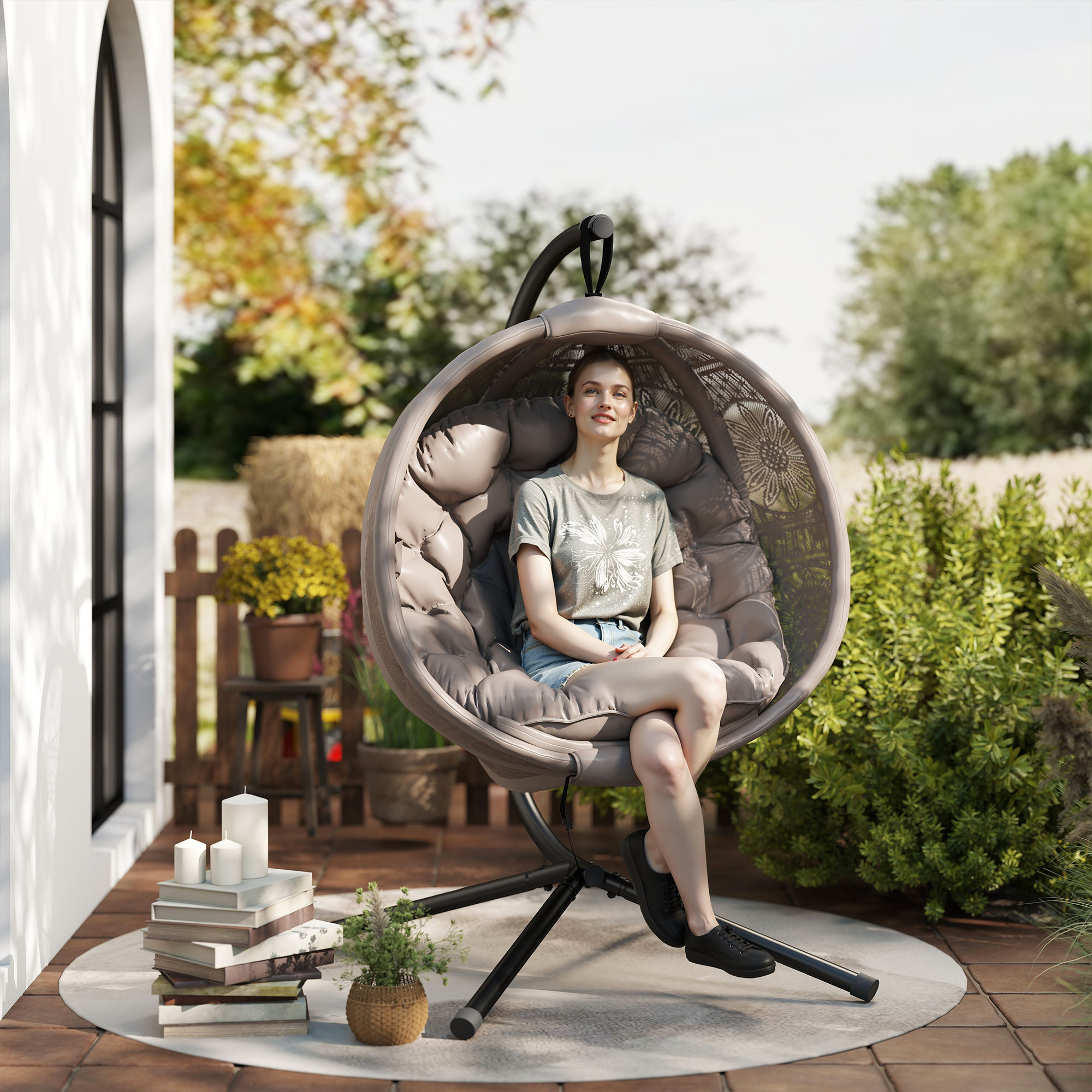 Hängesessel Gartensessel Korbsessel, Boho-Stil, 116 x 125 x 172 cm, Sand + Schwarz