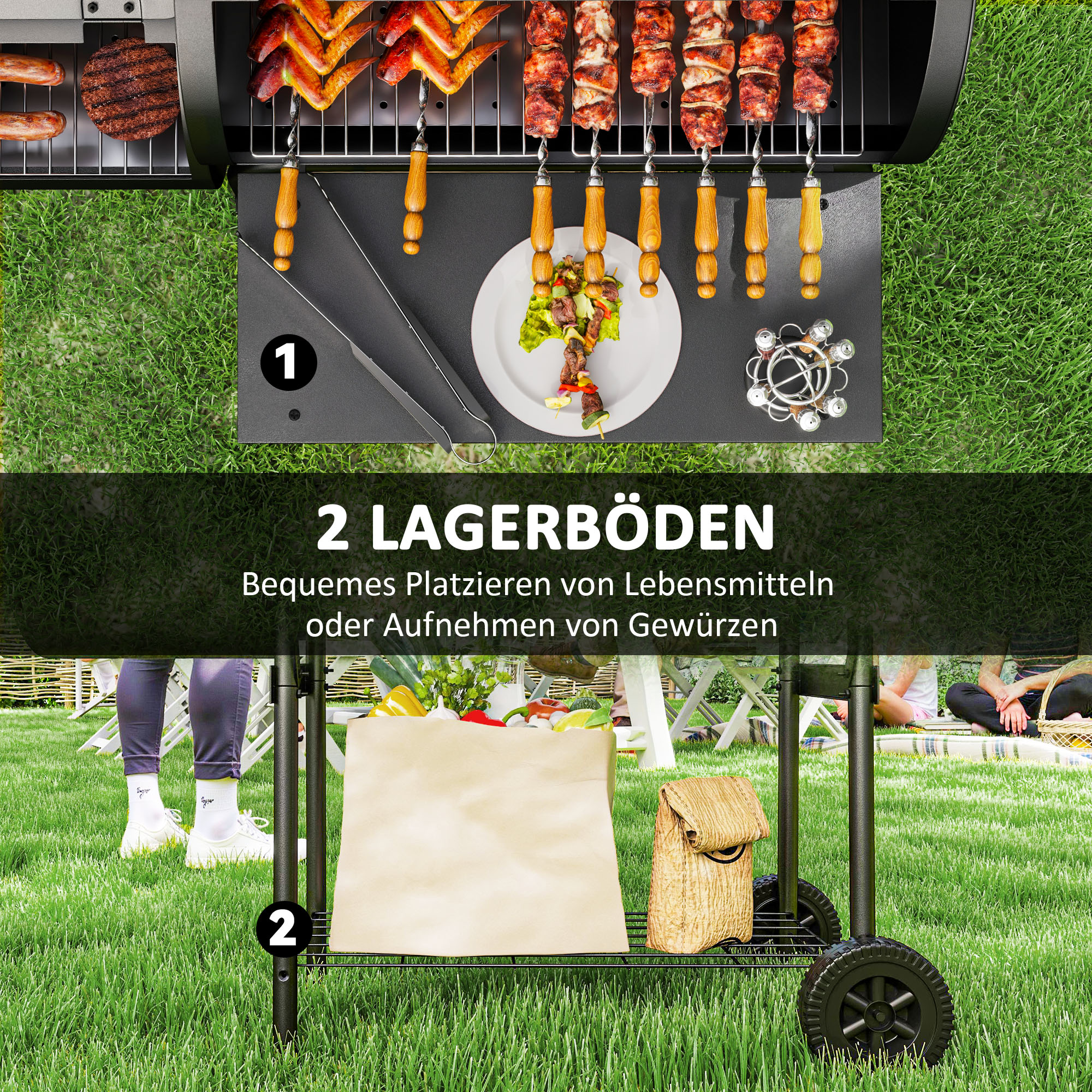 Holzkohlegrill aus Stahl BBQ Smoker mit Deckel Thermometer Räder Luftzufuhr Kohlewanne