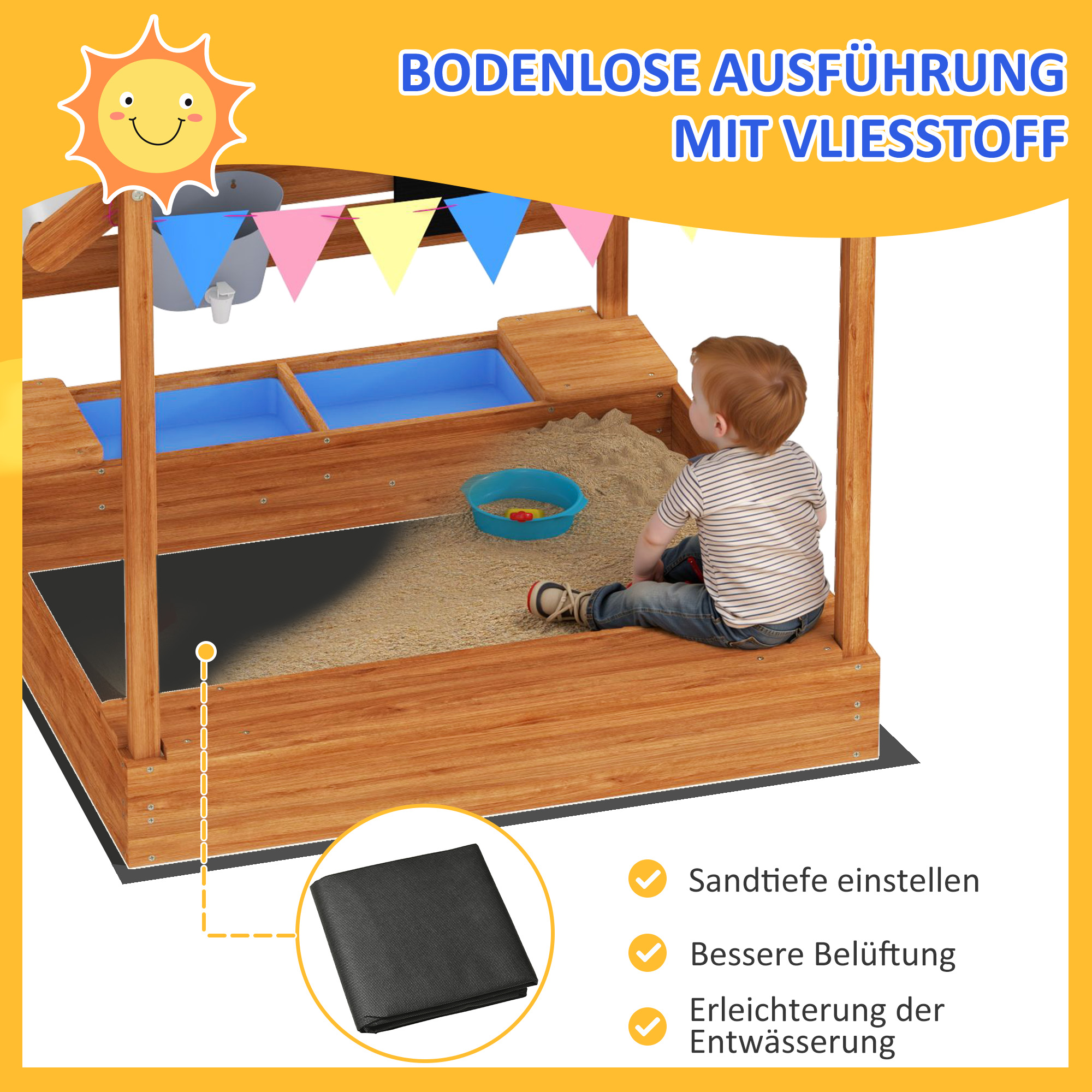 Sandkasten mit Sonnenschutz, Spielhaus-Design, mit Spielzeug-Set, behandeltes Massivholz, 124 x 116 x 146 cm, Grün