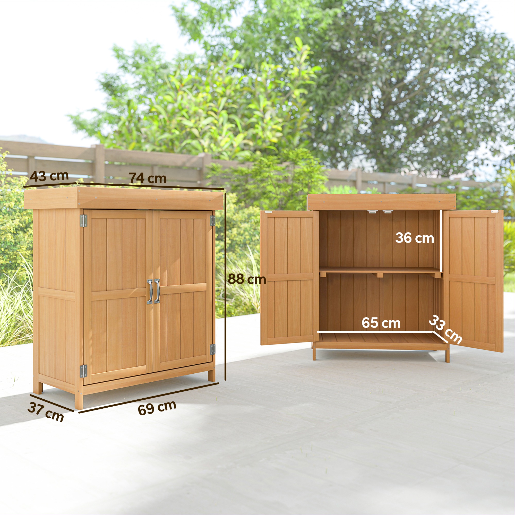 Gartenschrank Tannenholz, Geräteschuppen wetterfest 74x43x88cm, Gerätehaus mit Doppeltür, 2 Fächern, Geräteschrank, Gartenhaus Werkzeugschrank Gartenschuppen für Garten, Terrasse, Natur