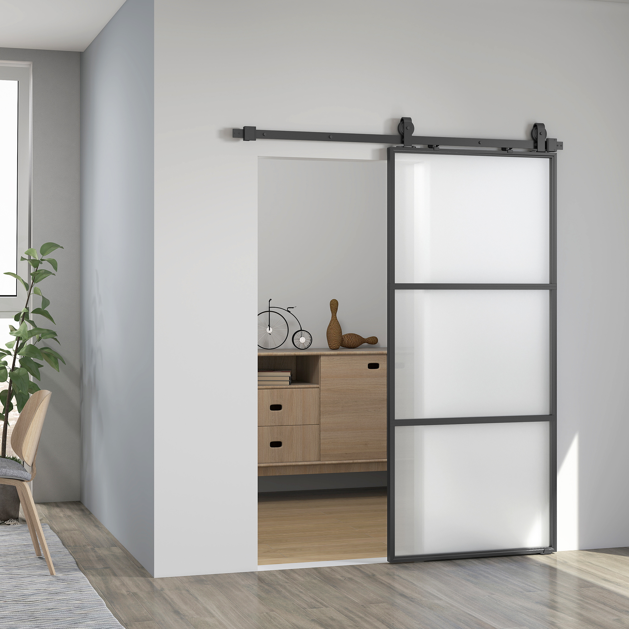 Schiebetür mit Milchglas, Schienensystem, Montagesatz, Soft-Close-Mechanismus, leichter Zusammenbau, Stahl, Schwarz