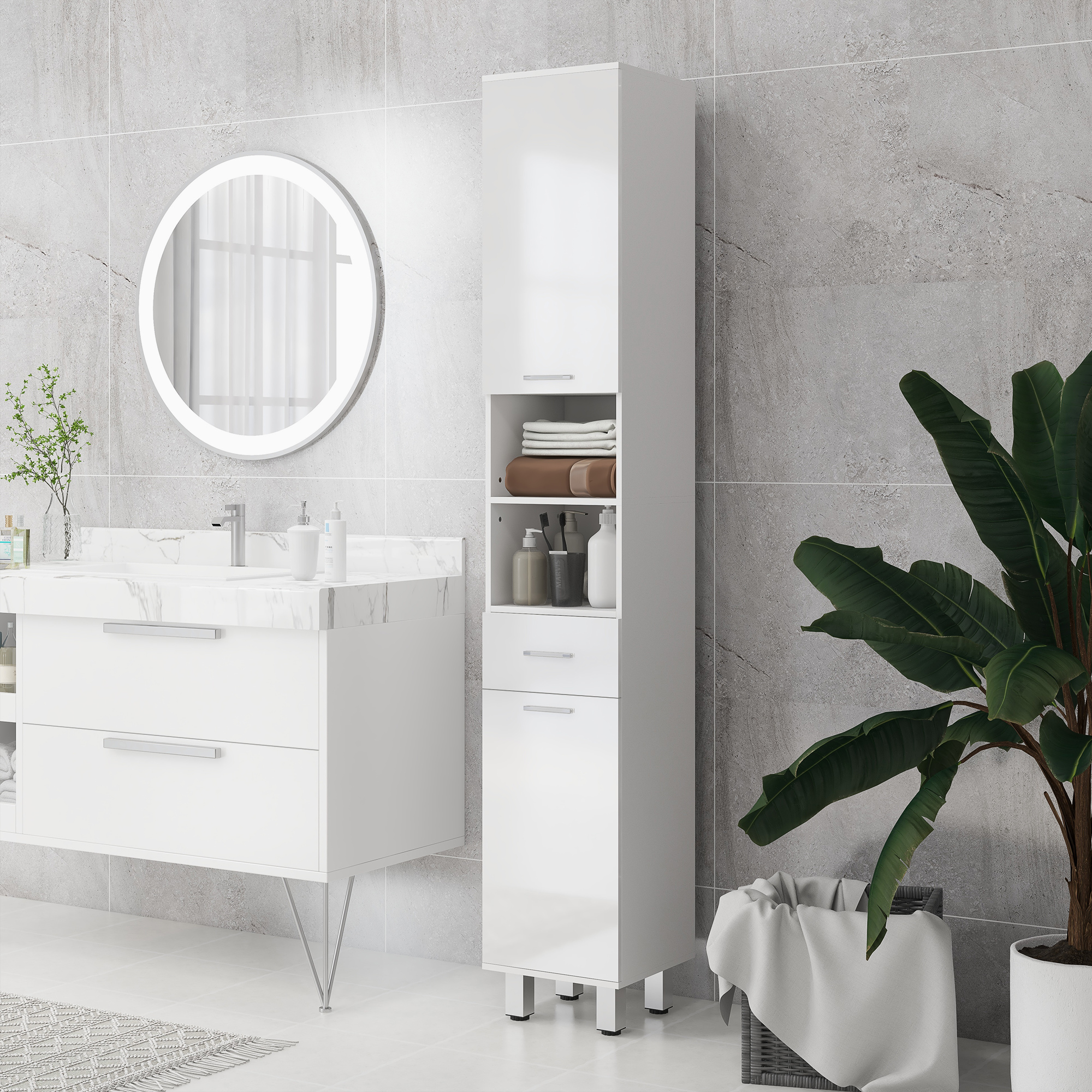 Badezimmerschrank, Badkommode, mit Regalen und Schublade, verstellbar, Weiß