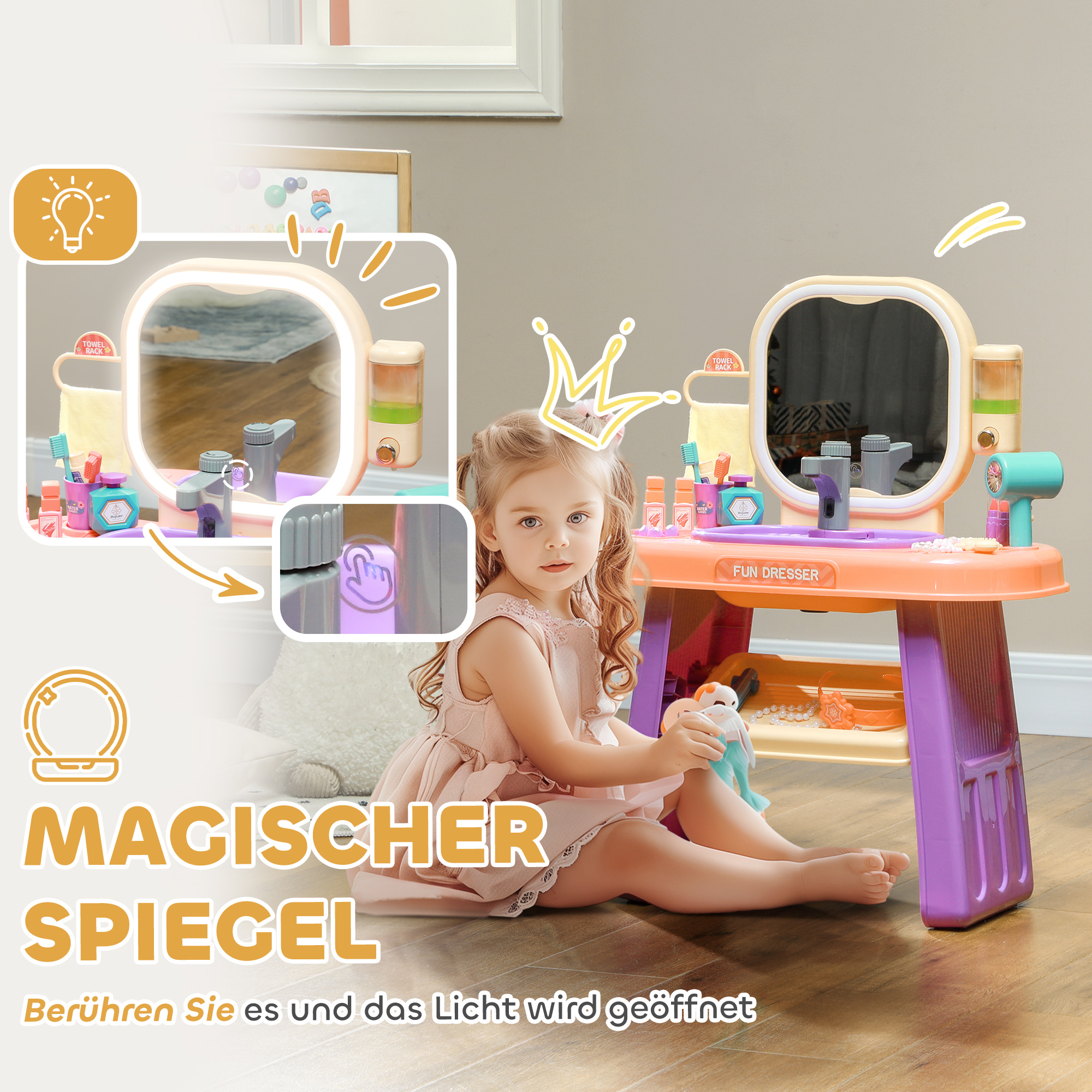 Kinderfrisiertisch mit LED-Spiegel, Musik, Wasserhahn, Acrylspiegel, Lila, 55x29x71 cm