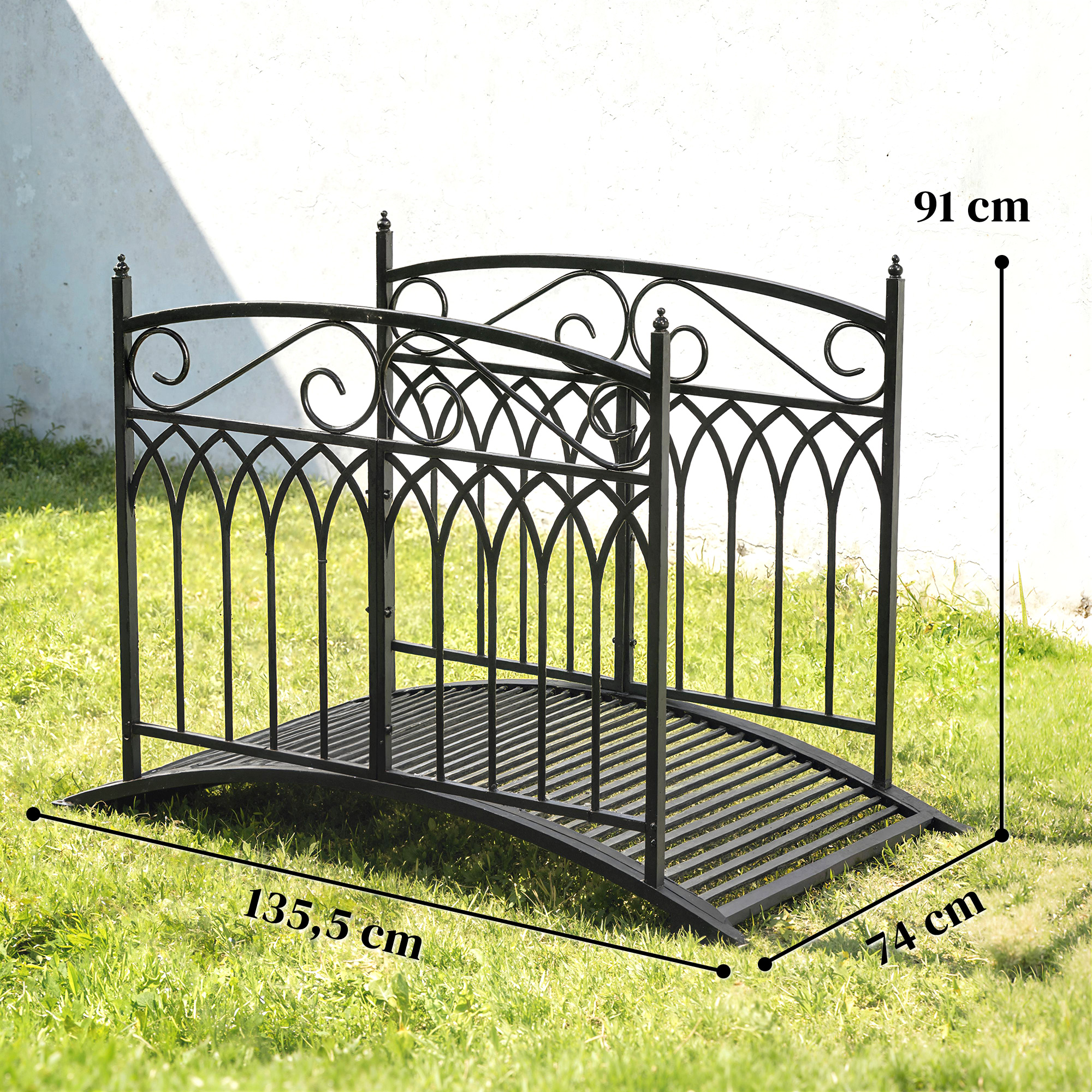 Gartenbrücke aus Metall 135,5 cm Teichbrücke mit Sicherheitsgeländern Antik-Optik Rostbeständig einfache Montage