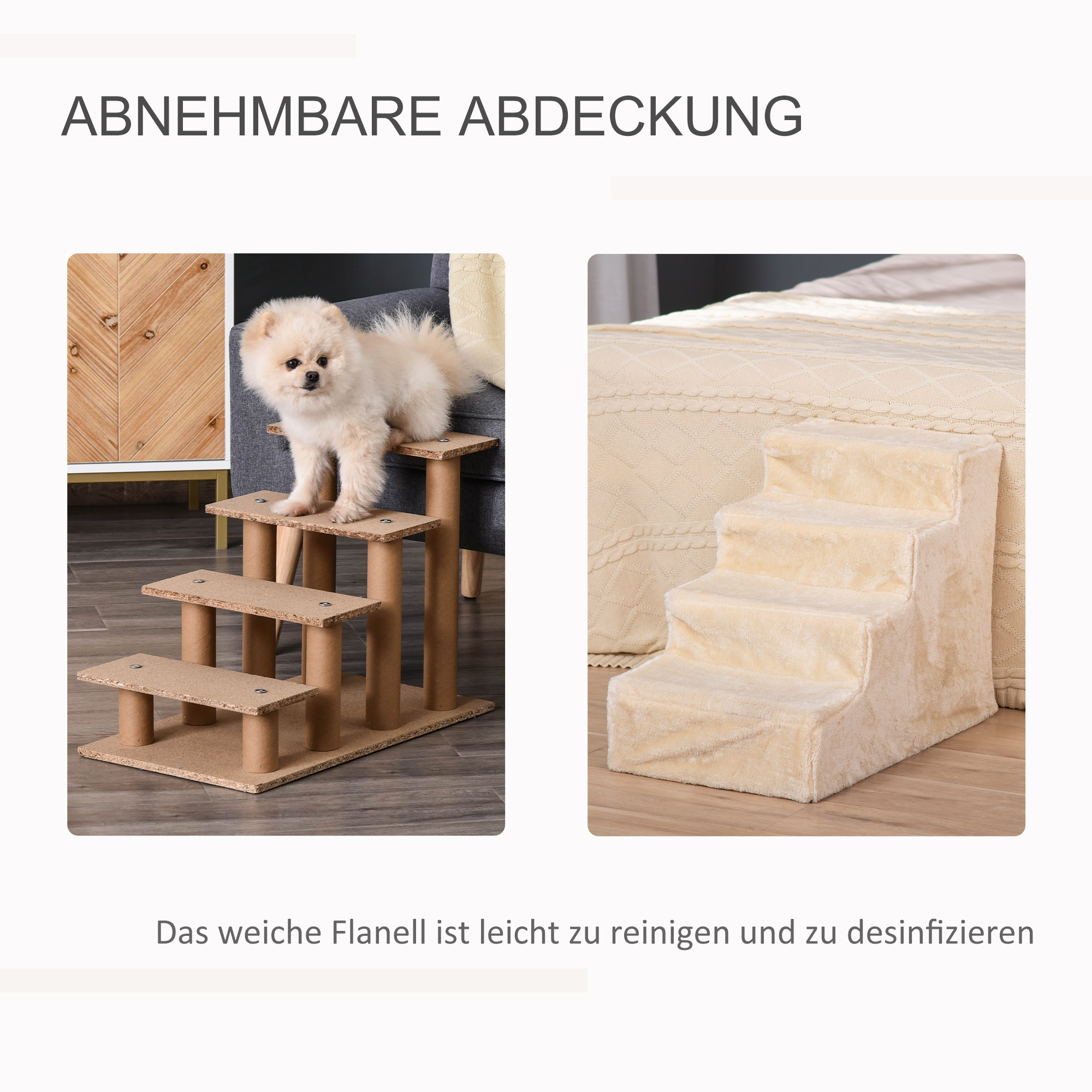 Hundetreppe 4-stufig, 35 cm Katzentreppe für Bett und Sofa, Haustiertreppe für Hunde und Katzen bis 5 kg, Plüschoptik, Beige