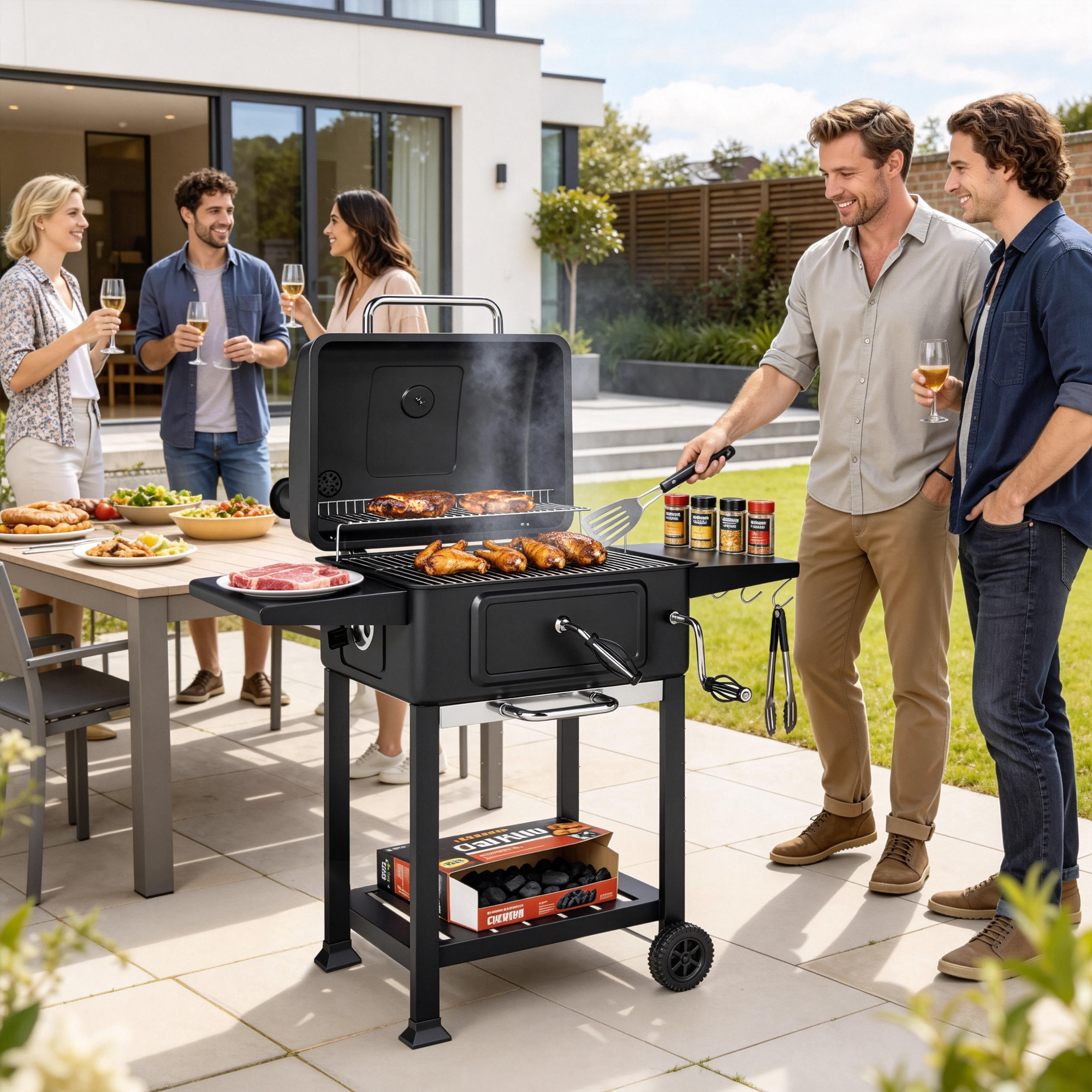 Holzkohlegrill BBQ Smoker mit Deckel Thermometer höhenverstellbar Kohlepfanne Kamin Grillrost Seitentisch Aschefach
