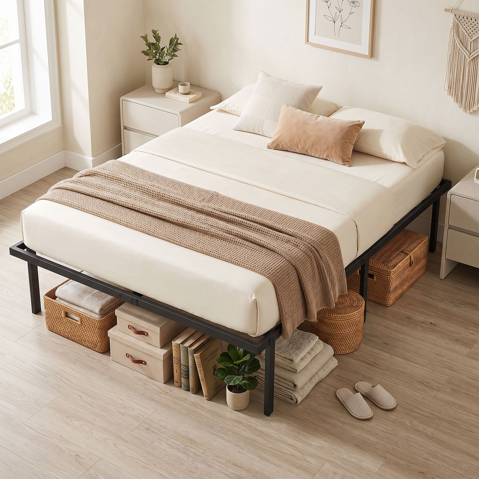 Bettgestell, 140 x 200 cm Metallbett mit Stauraum unter dem Bett, Metallgestell mit Lattenrost, kein Boxspring nötig