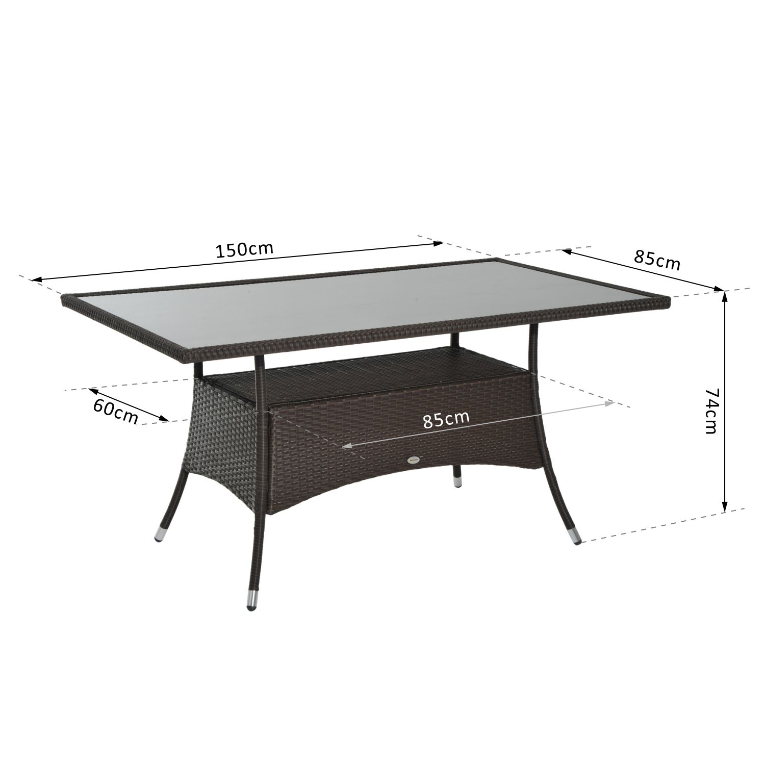 Gartentisch Glastisch Esstisch Gartenmöbel Tisch, Polyrattan+Sicherheitsglas, braun+schwarz, 150x85x74cm