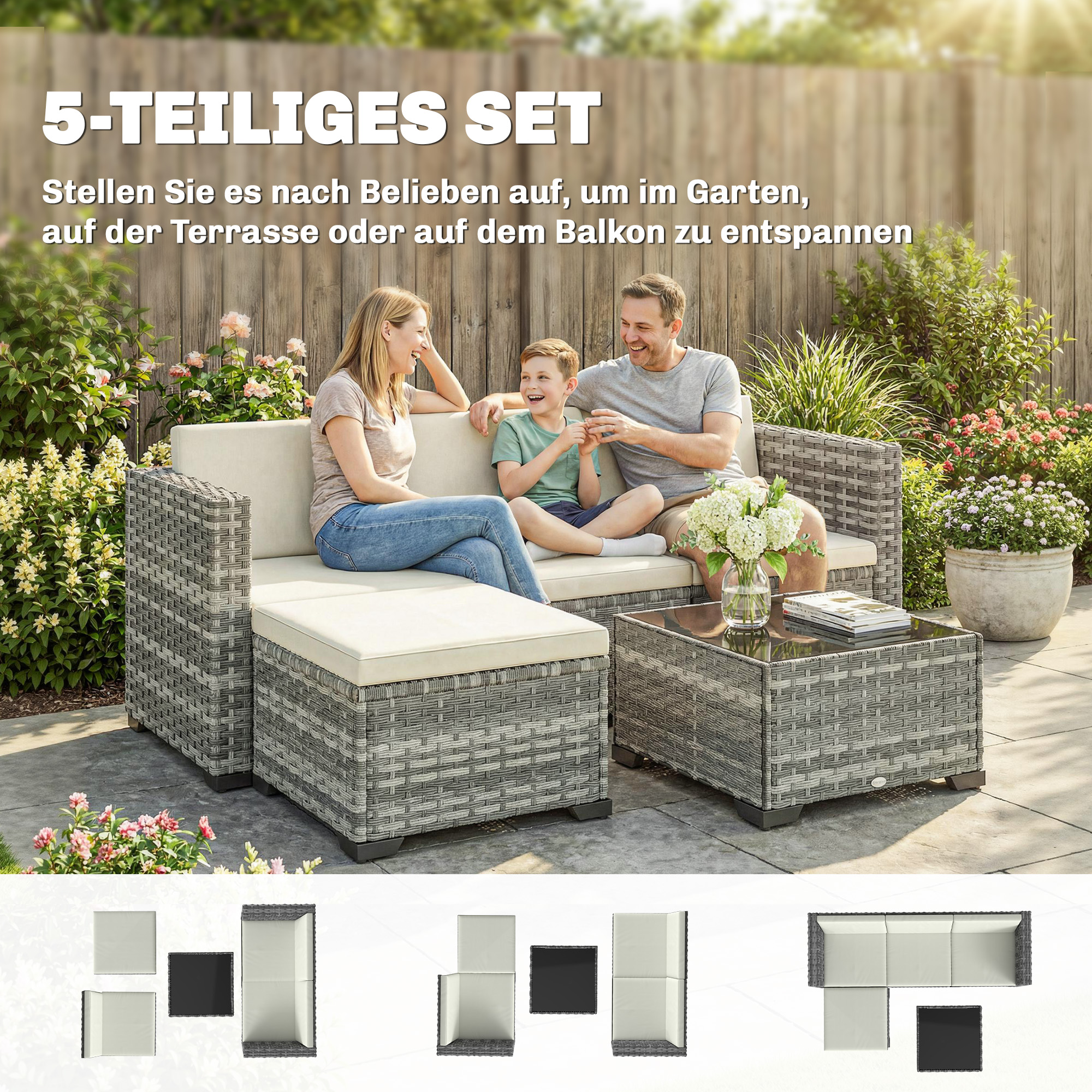Polyrattan Gartenmöbel Set 5-teilig, Lounge Set mit Ecksofa Hocker Tisch Sitz- & Rückenkissen Grau+Cremeweiß