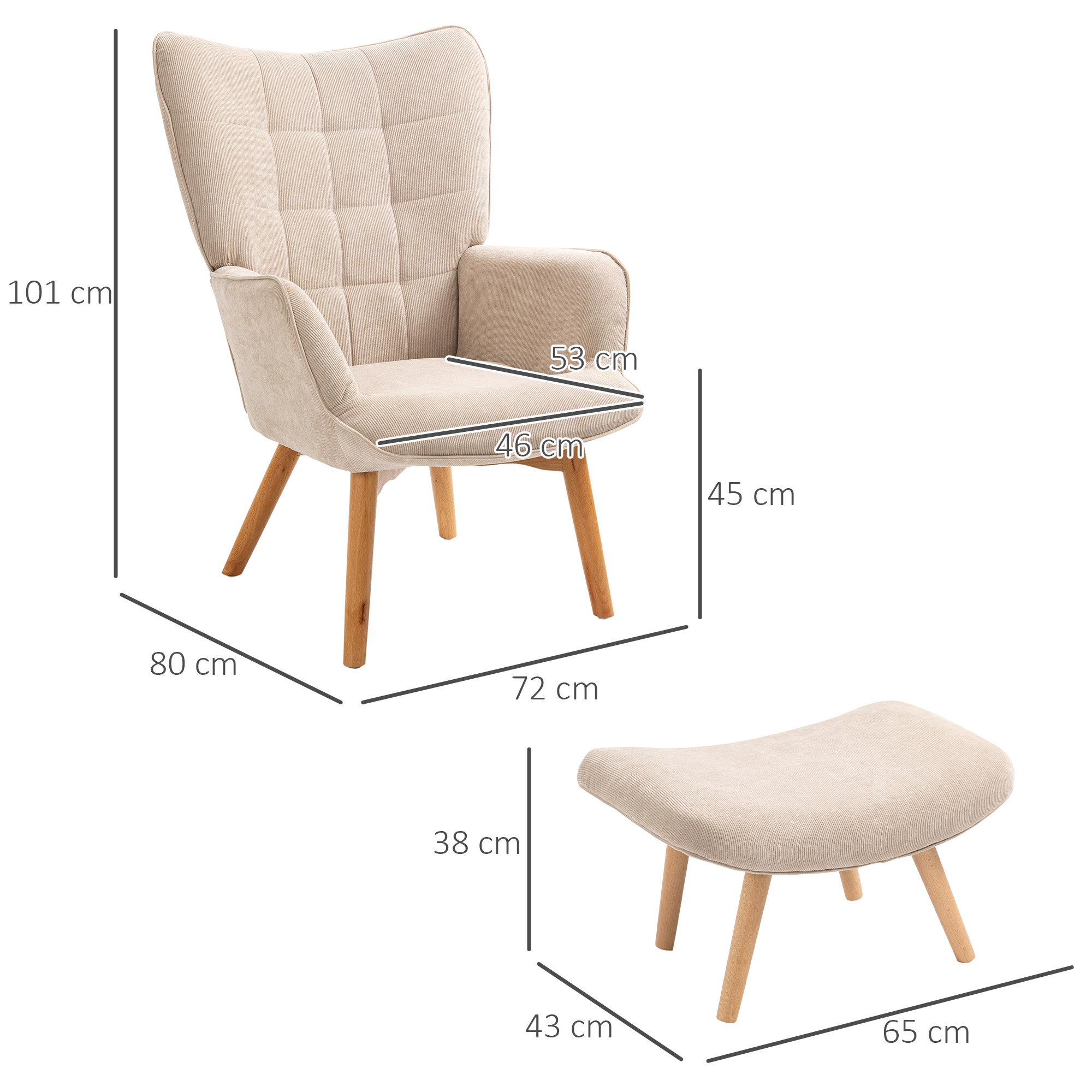Akzentsessel mit Hocker, Relaxsessel in Cord-Optik, Armlehnstuhl mit Holzbeinen, für Wohnzimmer, Beige