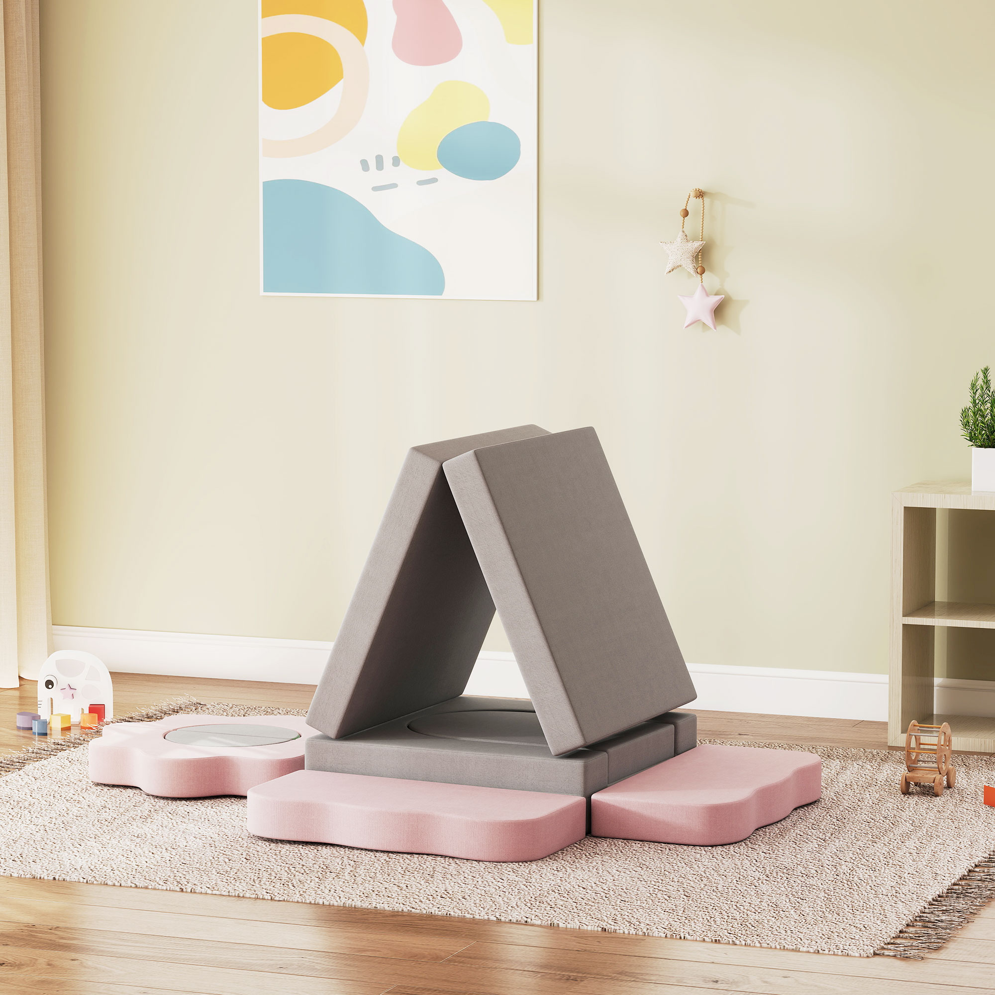 12-teiliges Set Schaumstoffblöcke zum Klettern, Bauen, Krabbeln, Indoor-Spielmatten mit Cordbezug, Grau+Rosa