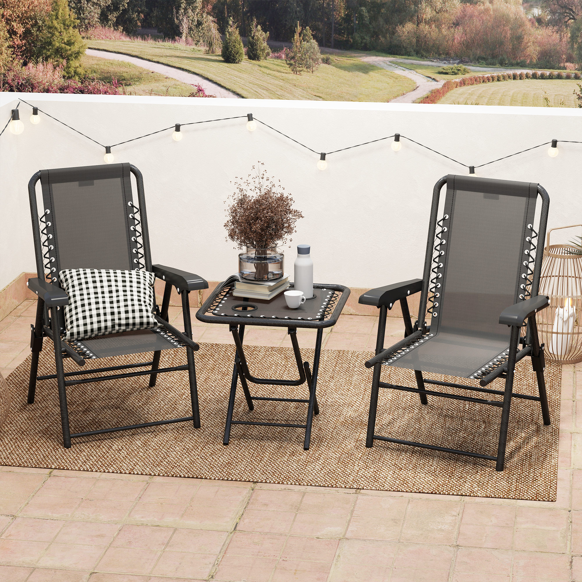 Bistro Set 3-teilig aus Stahl Wetterfest Gartenmöbel Set mit klappbar Bistrotisch Becherhalter Gartenstühlen Schwarz