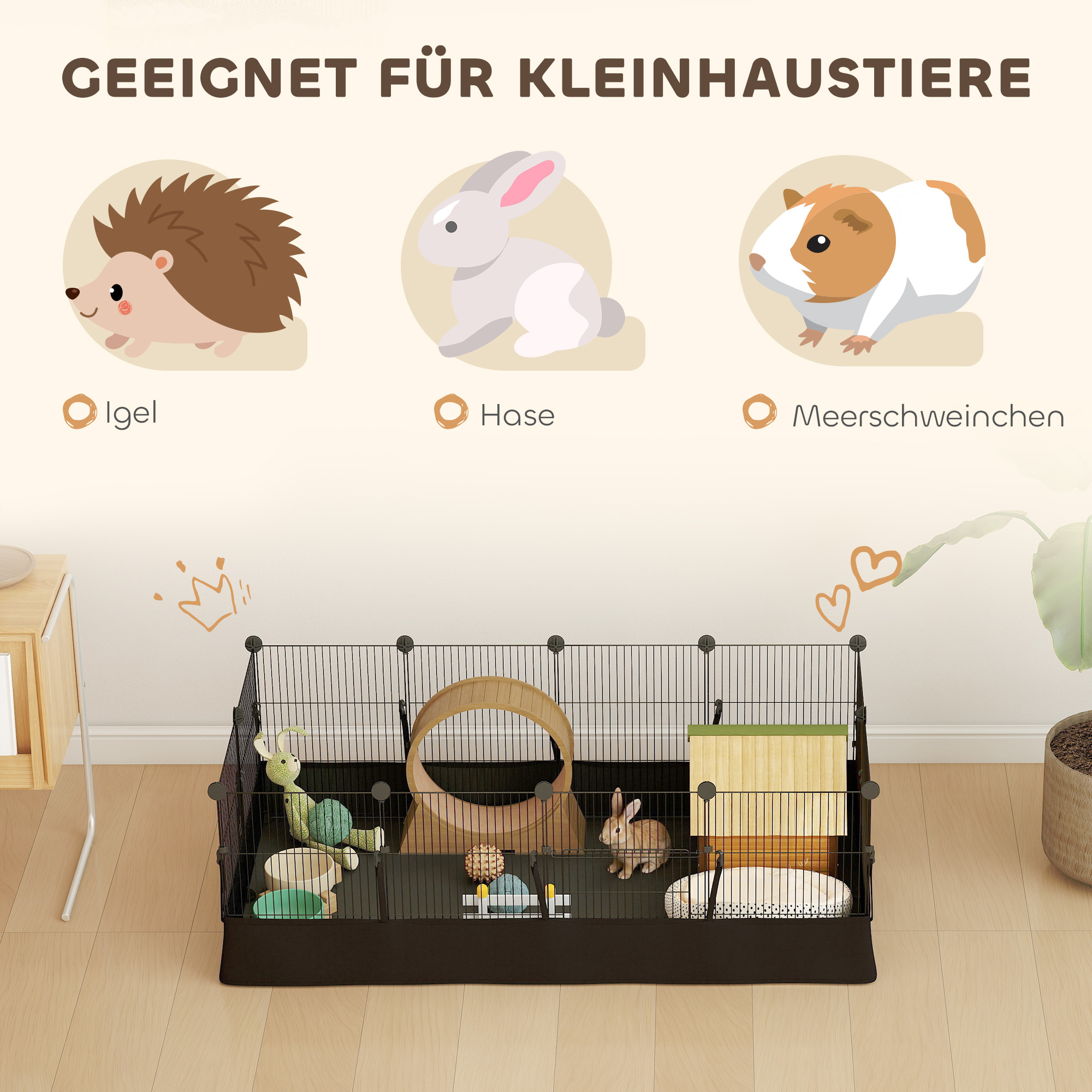 Freigehege, Freilaufgehege mit 12 Paneel, Laufstall für Kleintiere, Kaninchen, Meerschweinchen, 120x60x40 cm, Schwarz