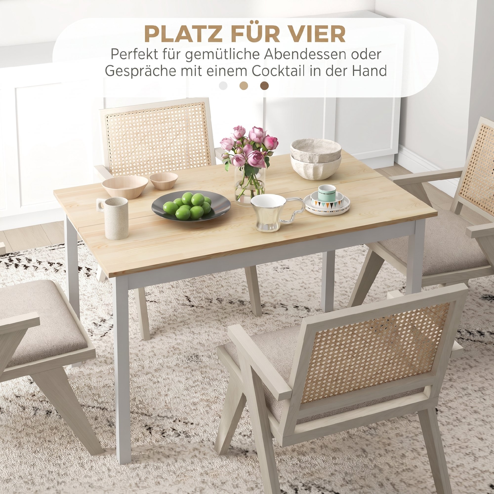 Esstisch, 120 x 75 cm Küchentisch mit Landhaus-Stil für 4 Personen, Holztisch für Wohnzimmer, Esszimmer, Natur