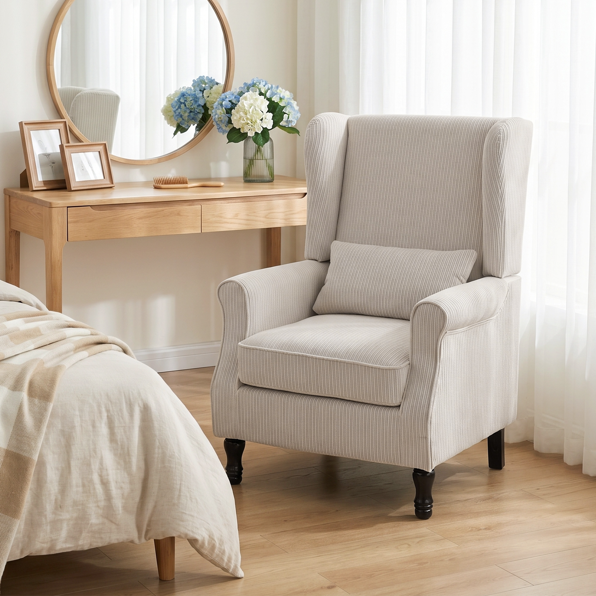 Sessel Ohrensessel mit Armlehnen, Cord-Optik Loungesessel mit Lendenkissen, Hoher Rückenlehne Beige