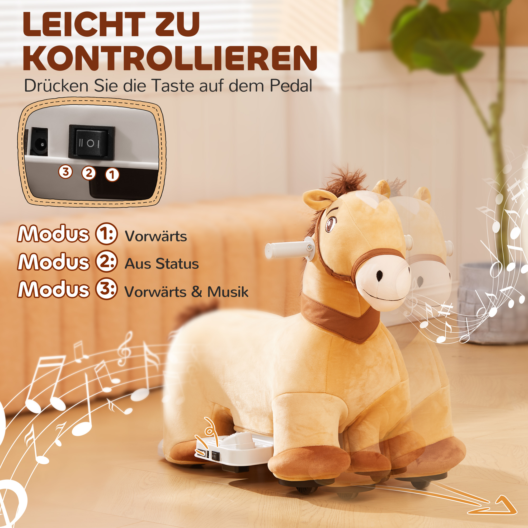 6V Elektrisches Reitpferd für Kinder, Batteriebetrieb, Mit Musikfunktion und Vorwärtsbewegung, 18-36 Monate, Braun