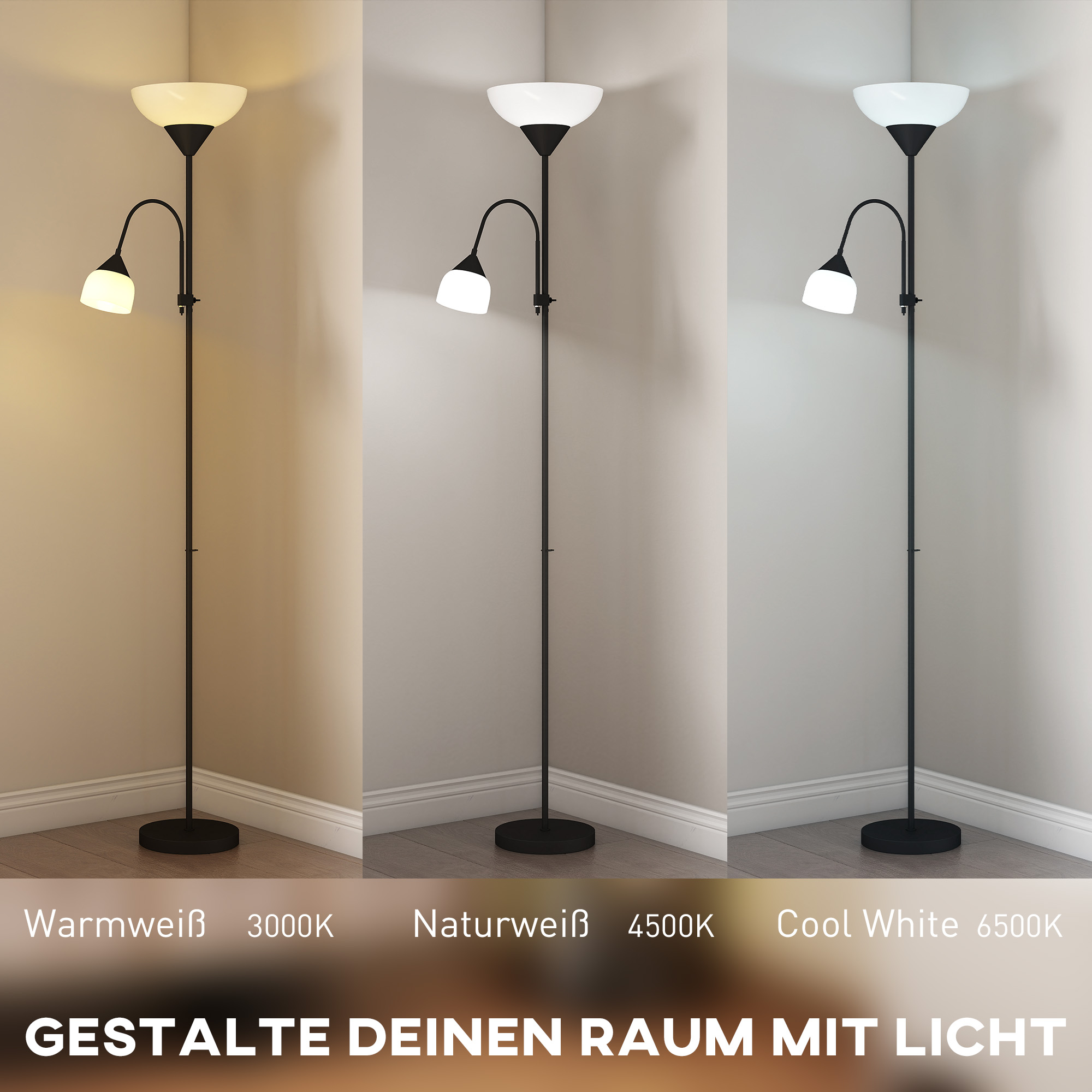 Uplighter, Mutter-und-Kind-Stehlampe, hohe Lampe mit 3 Farbtemperaturen und flexiblem Schwanenhals, Schwarz