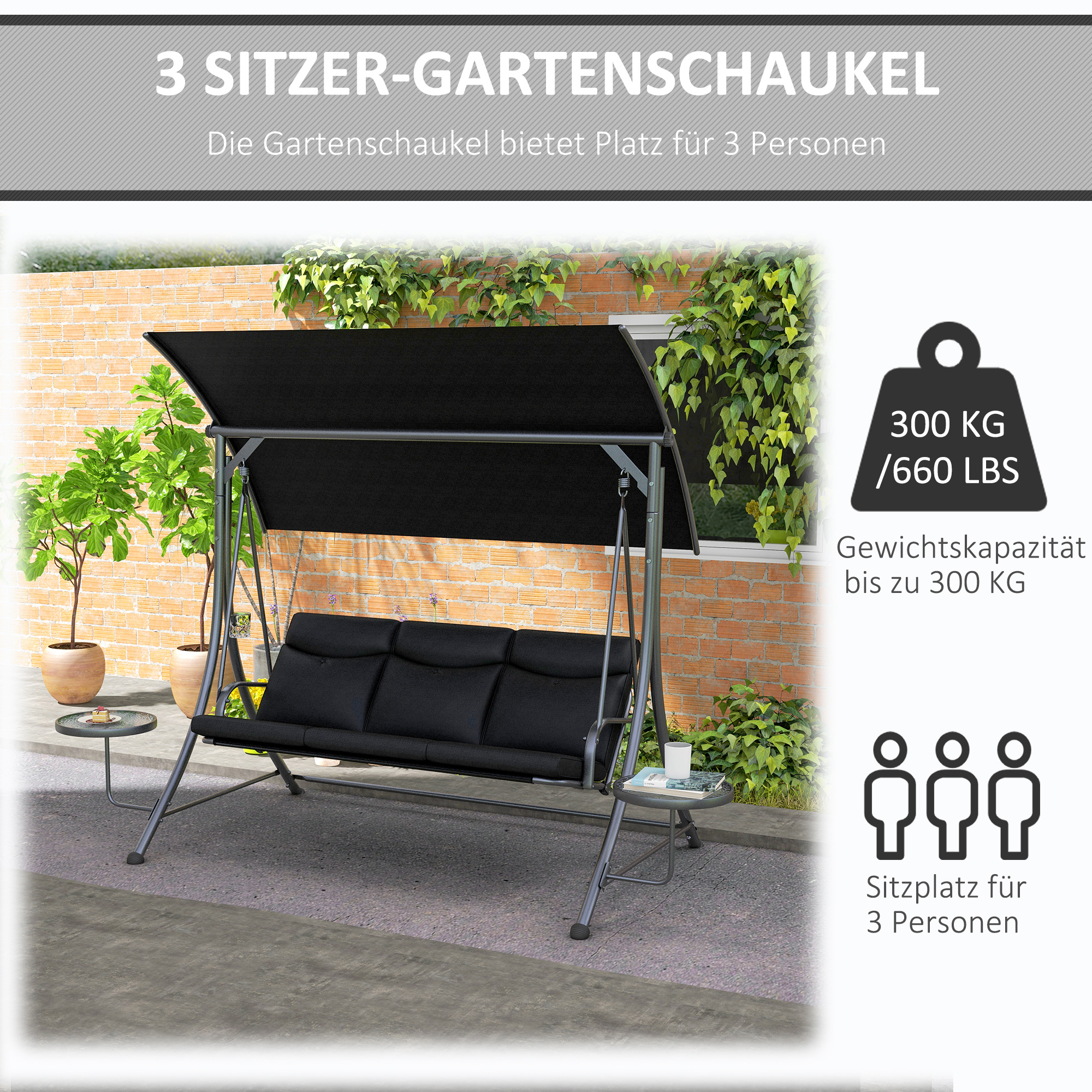 Hollywoodschaukel, Schaukelbank, 3-Sitzer Gartenschaukel mit verstellbarem Sonnendach, 278 x 135 x 177 cm, Schwarz