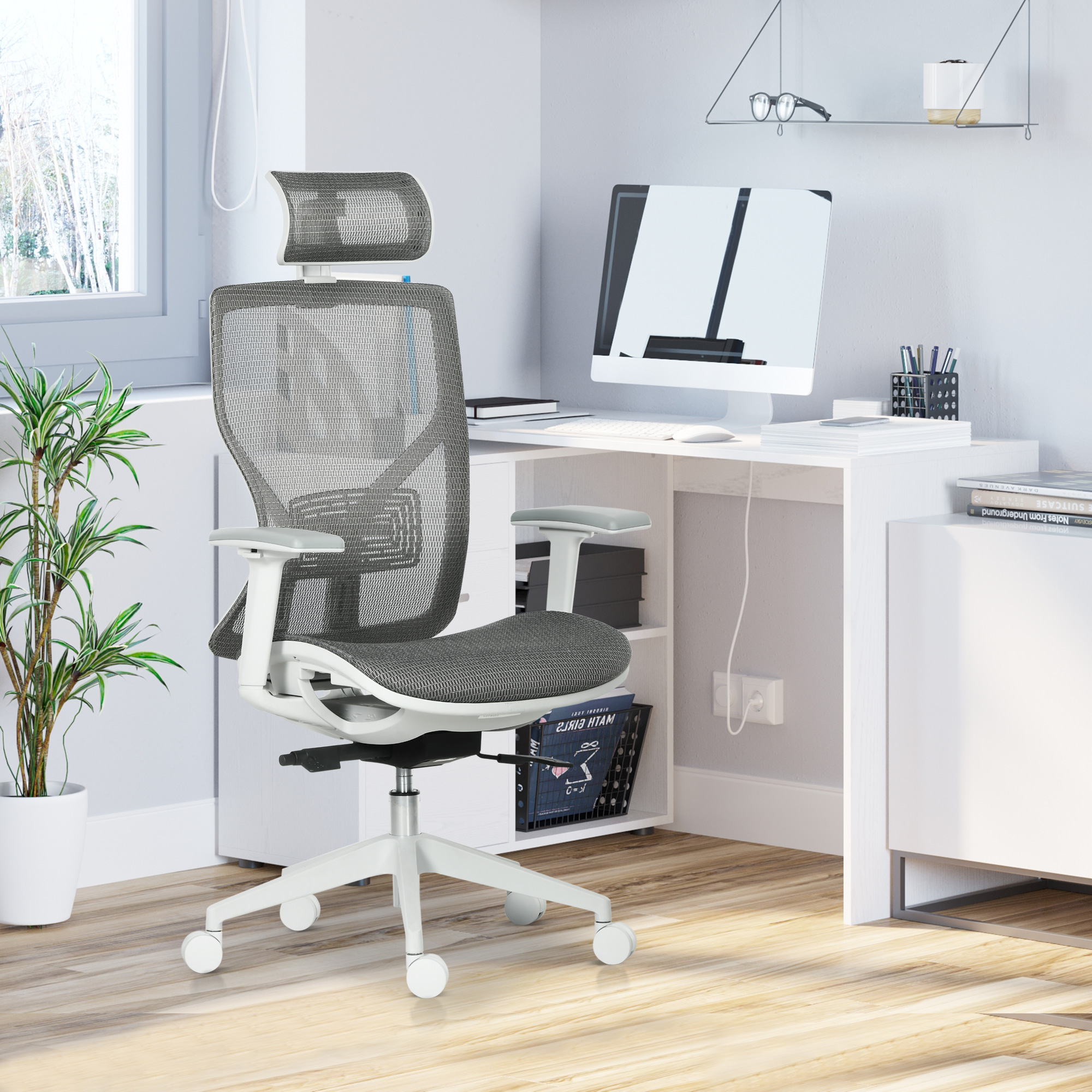Bürostuhl Schreibtischstuhl Drehstuhl Gamingstuhl mit Kopflehne Lendenkissen 3D-Armlehne 3 Stufen 360°-Drehräder höhenverstellbar ergonomisch Mesh-Stoff Schaumstoff Grau 67 x 65 x 120-128 cm