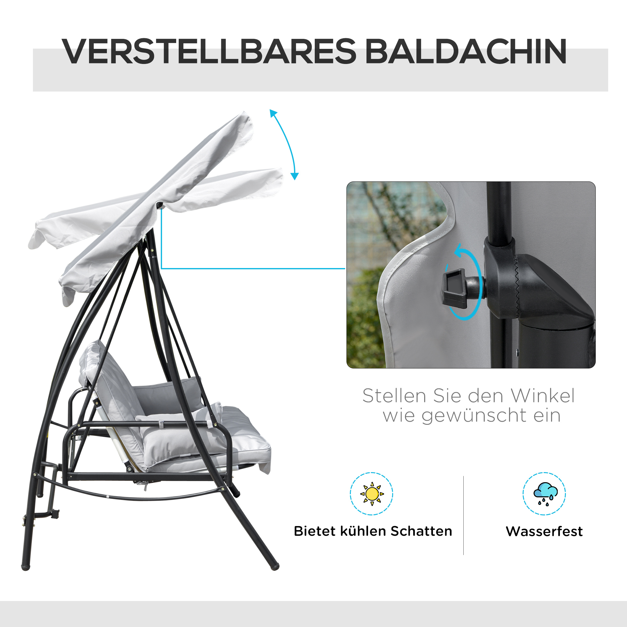Hollywoodschaukel mit Lesefunktion, Gartenschaukel mit Baldachin, Outdoormöbel, Grau