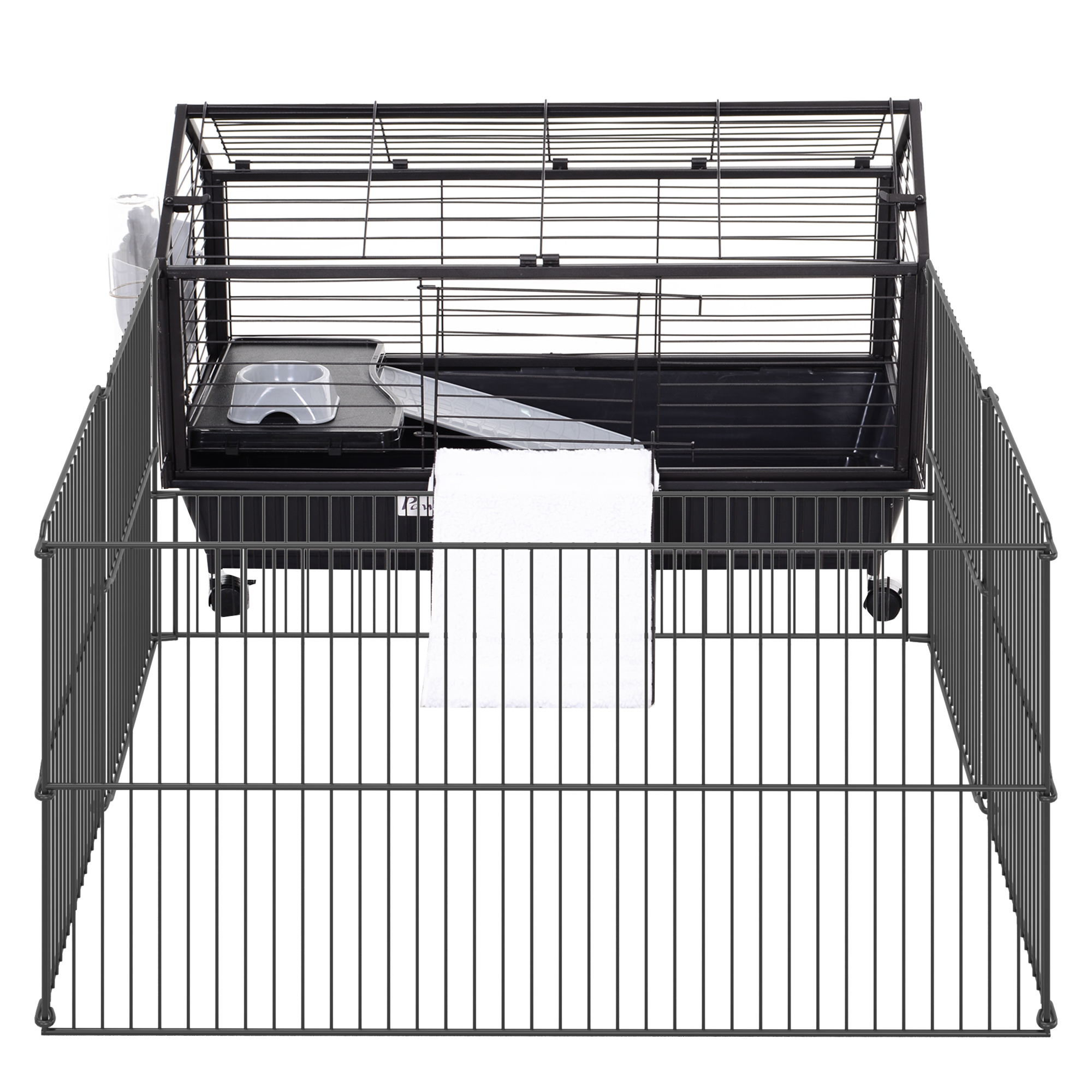 Kleintierkäfig mit Freigehege inkl. Zubehör 88 cm x 128,5 cm x 56 cm  4 Rollen Schwarz Metall Polypropylen