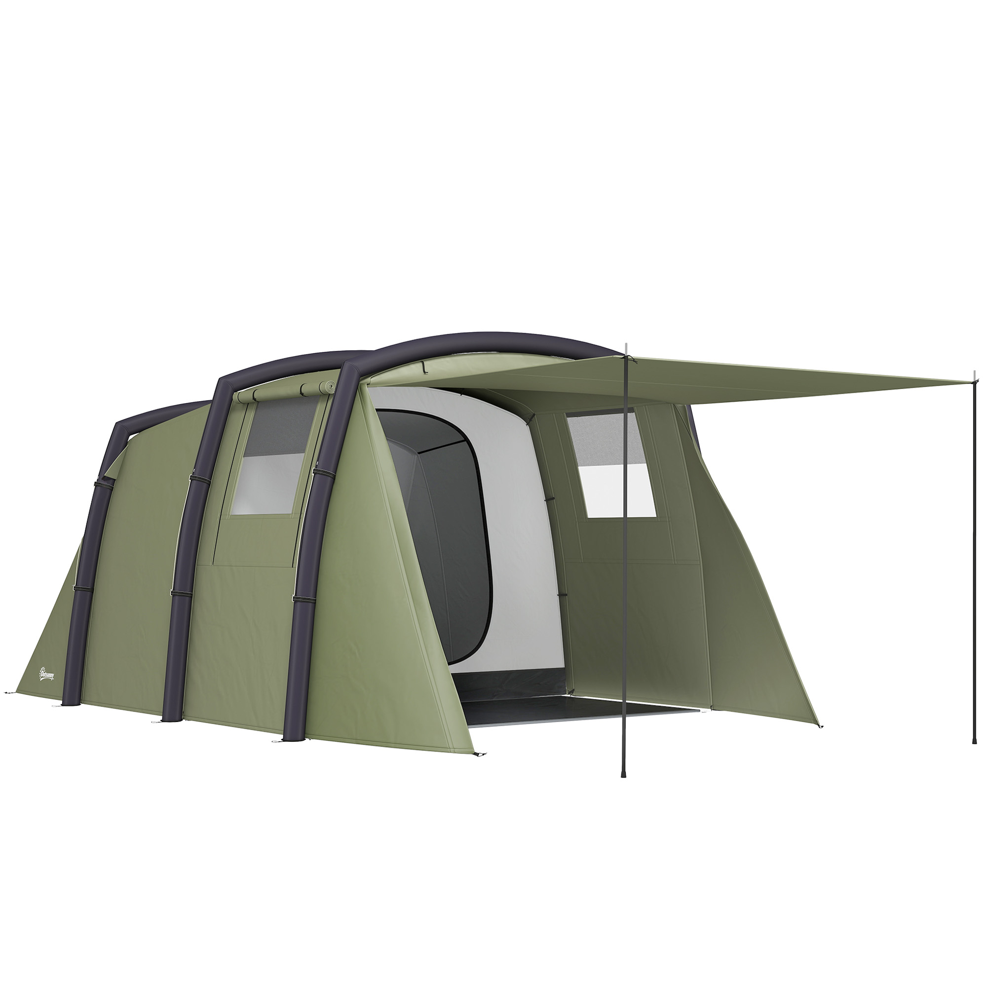 aufblasbares Campingzelt, 3-6 Personen Outdoor Tunnelzelt mit Seitenfenstern Tür Luftträger 4,4 x 2,8 x 1,95 m Grün