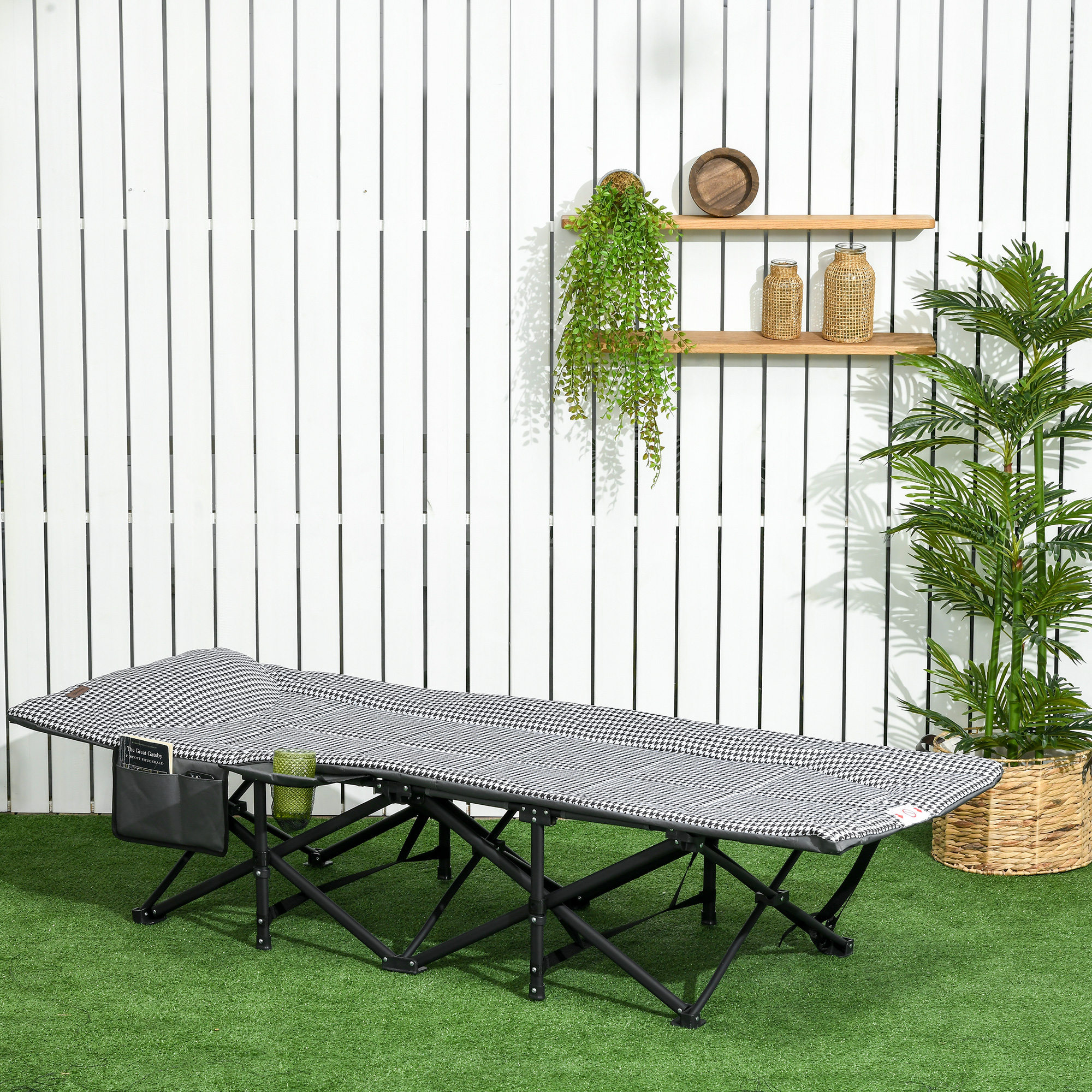 Sonnenliege, klappbar, 1 Seitentasche, 1 Getränkehalter, 68 cm x 186 cm x 48 cm, Schwarz + Weiß