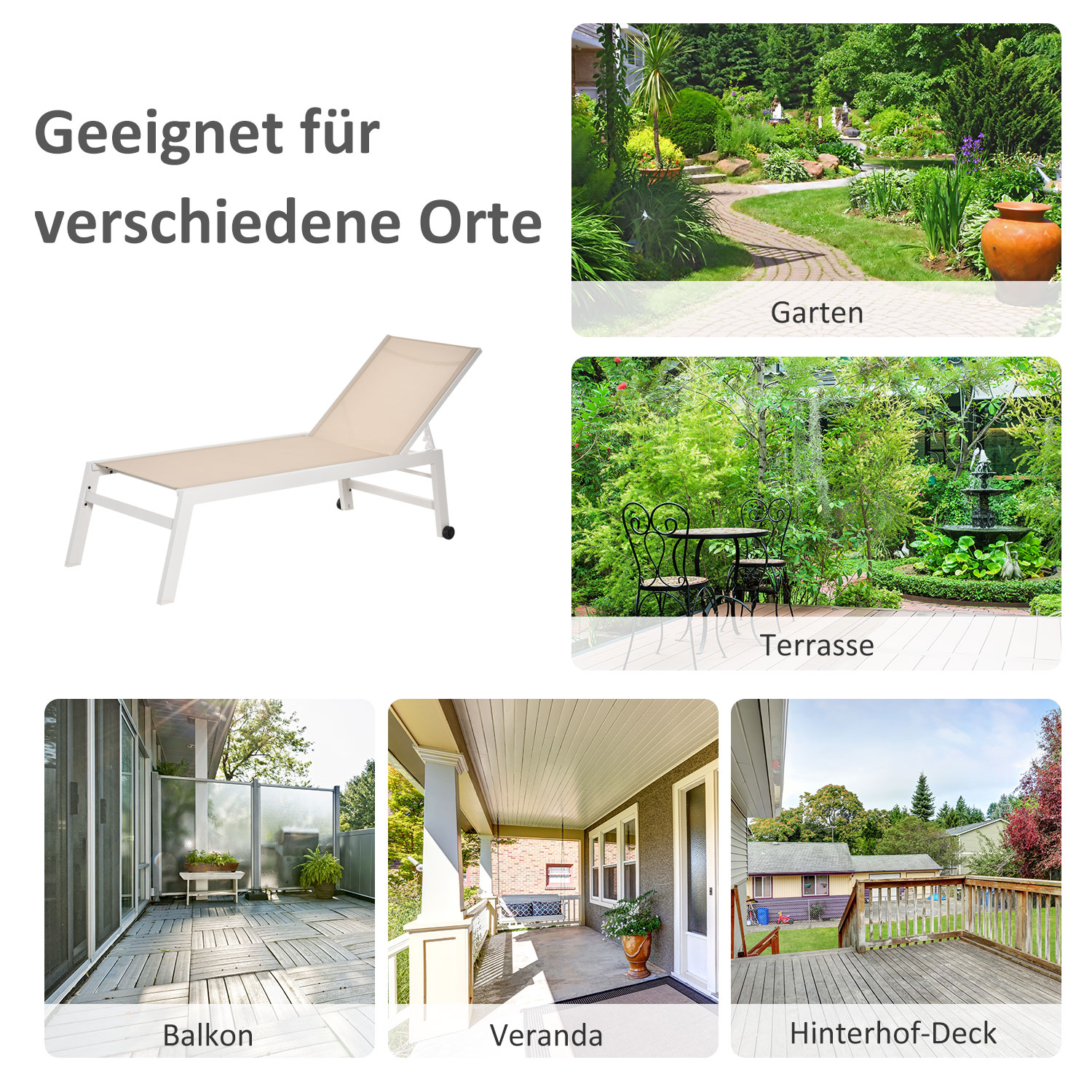 Sonnenliege, Gartenliege, 5-stufige Rückenlehne, Aluminium, Cremeweiß, 202 x 65 x 43 cm