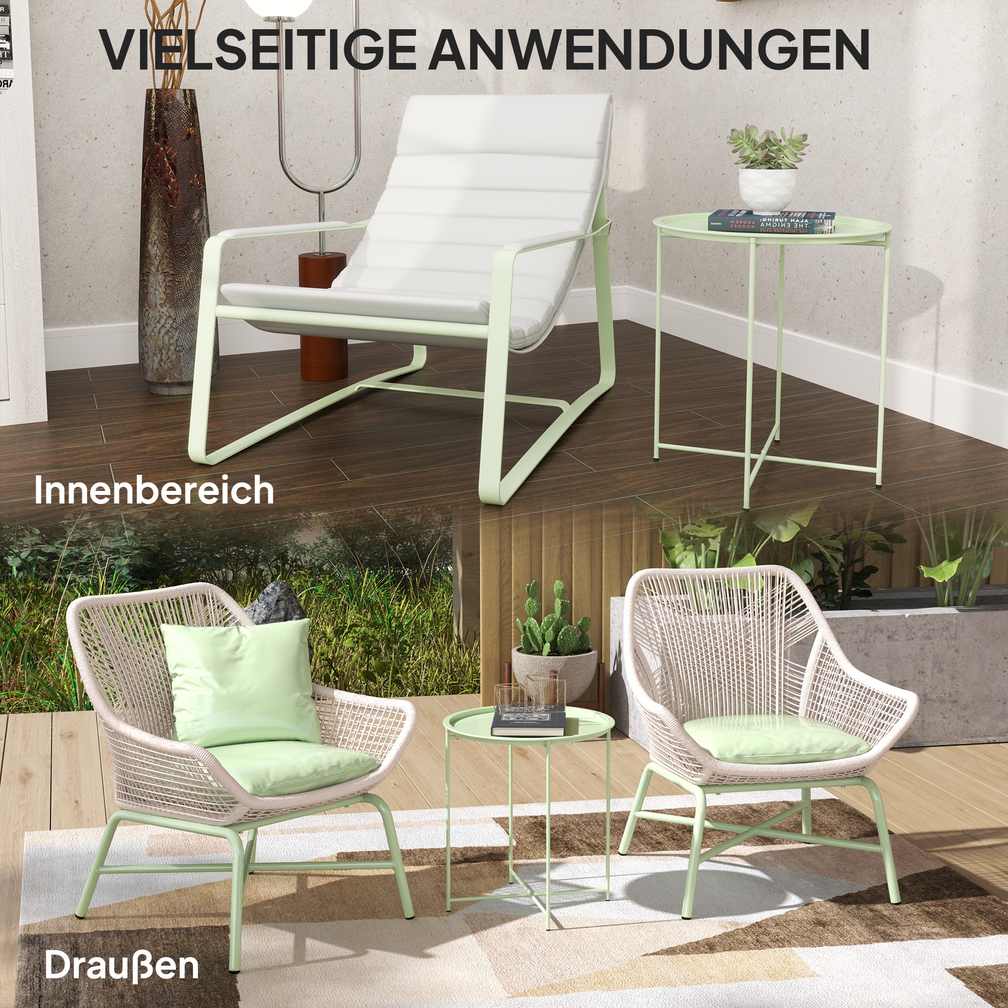 Gartentisch, runder Außen-Beistelltisch aus Stahl mit herausnehmbarem Tablett, faltbares Design, Terrassentisch, Grün