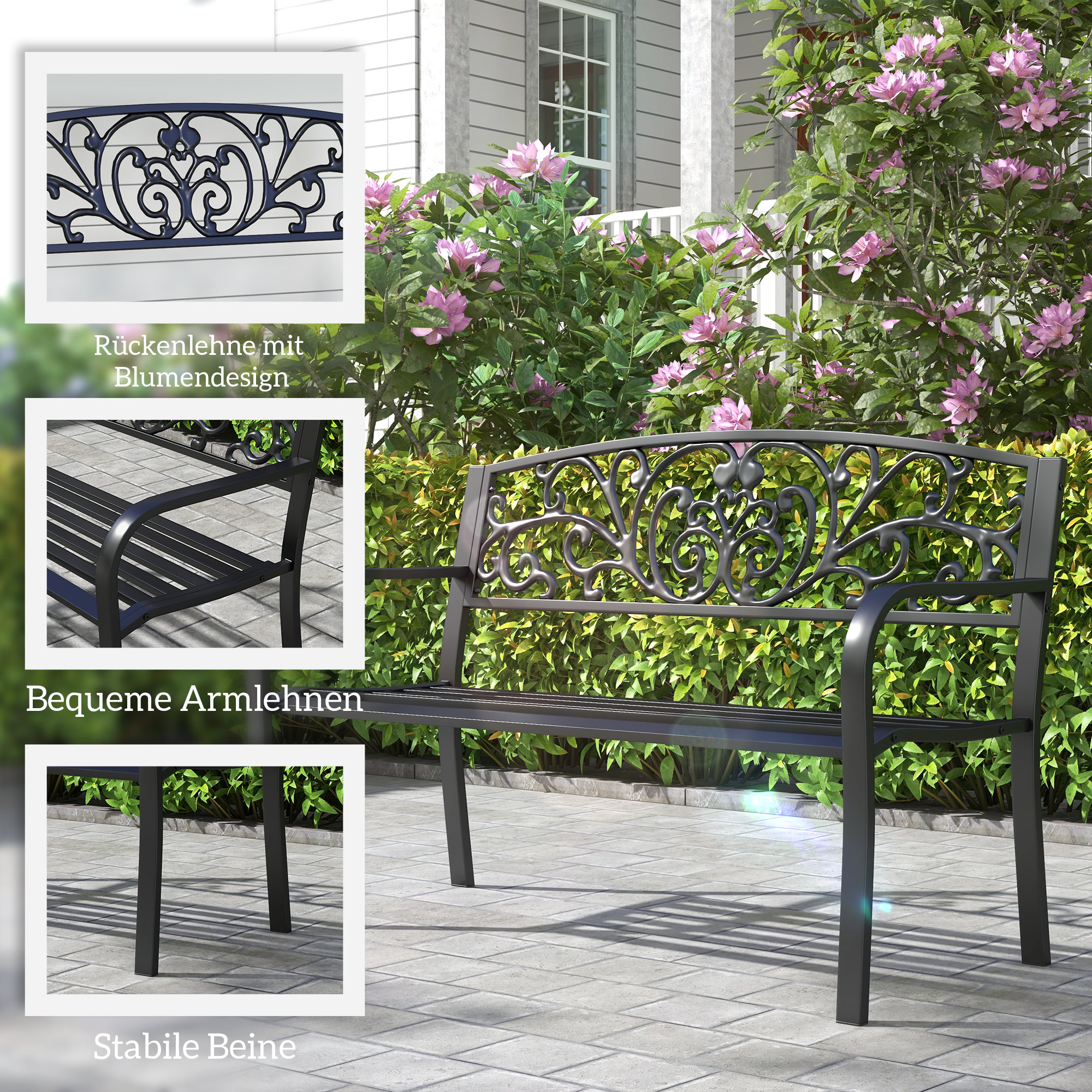 Metallgartenbank, Blumendesign, 2-Sitzer, 240 kg Tragkraft, Stahl, 127L x 60B x 87H cm, Schwarz