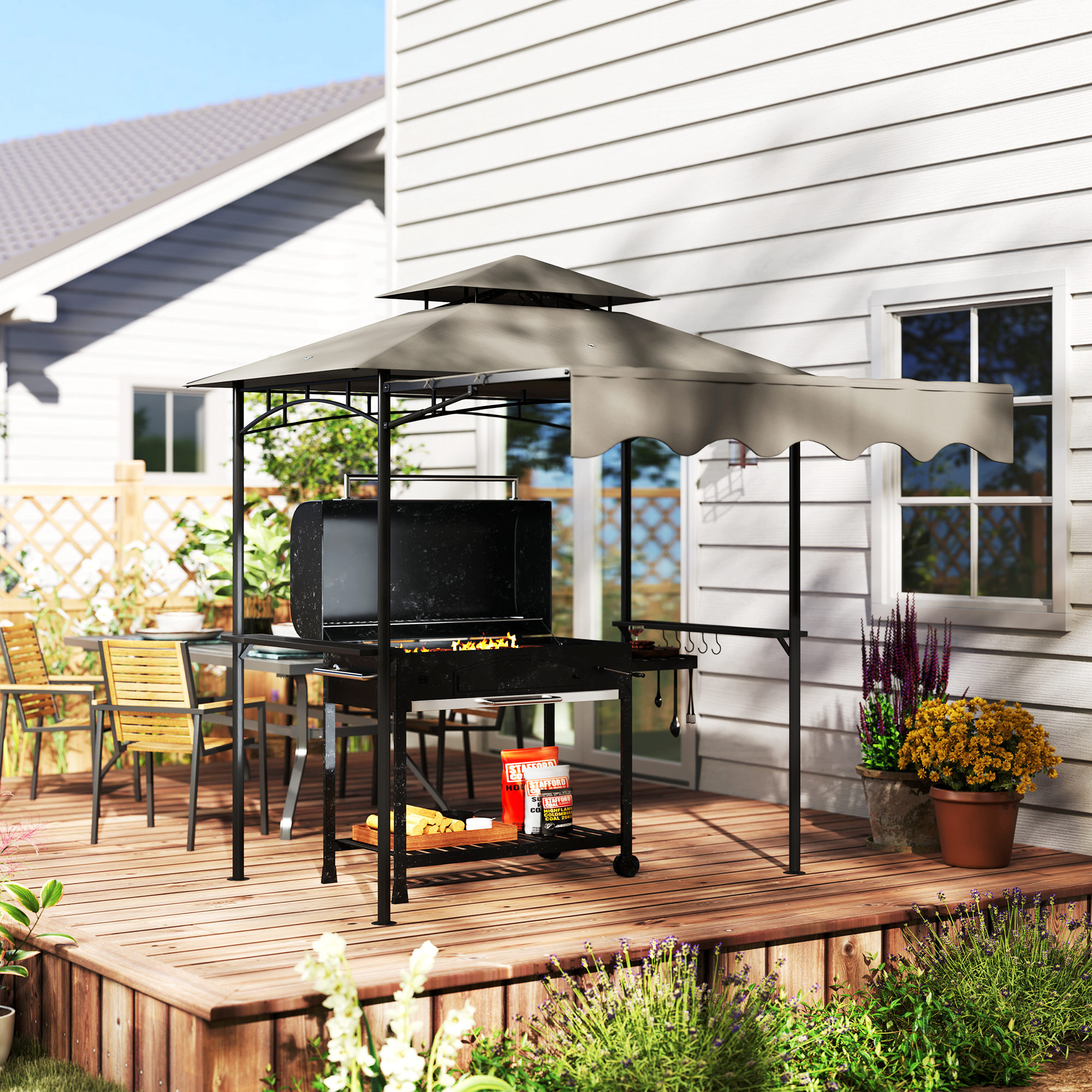 Grillpavillon 242x232x248 cm wasserabweisend flammhemmend Gartenpavillon mit Doppelschichtdach Grau
