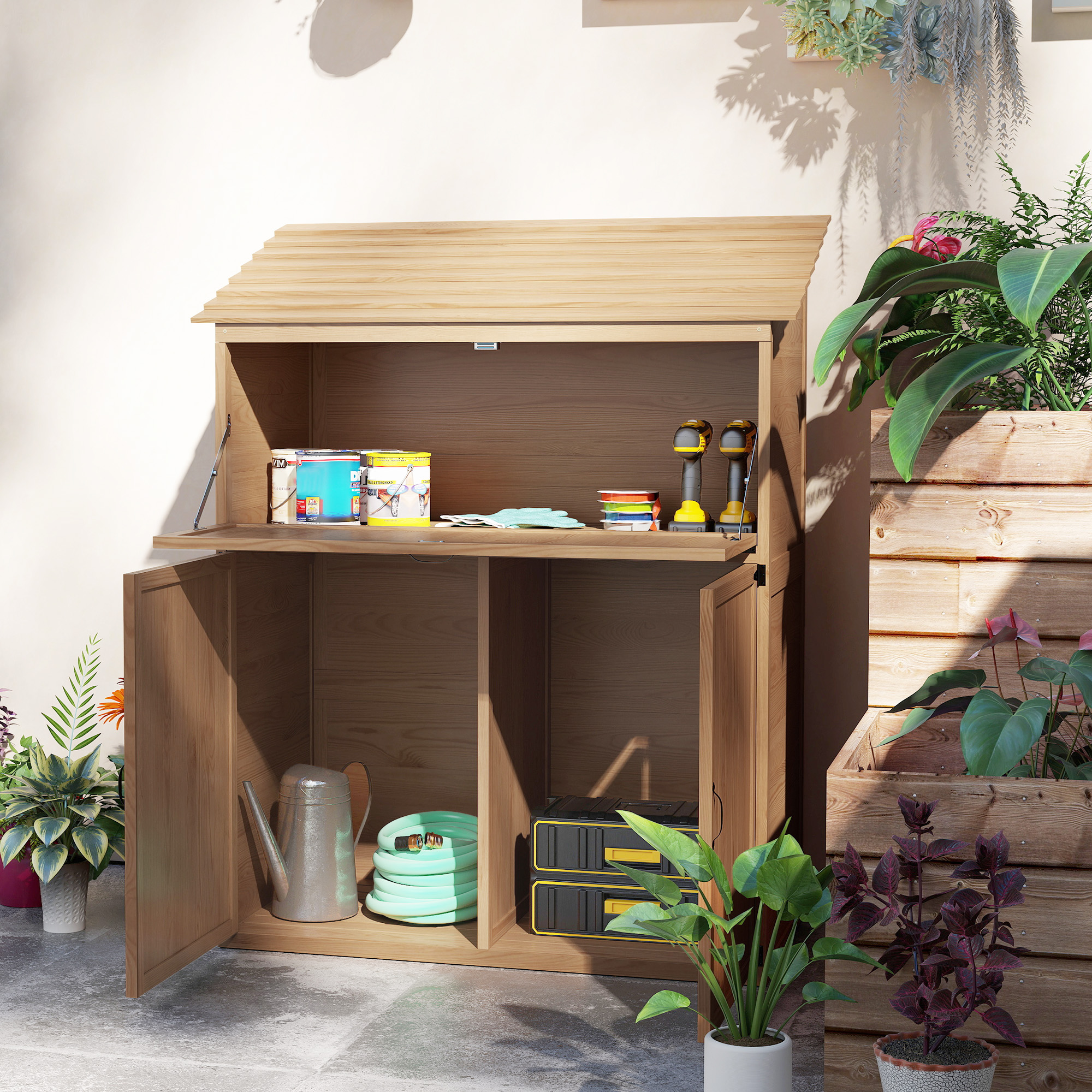 Garten-Aufbewahrungsschrank mit ausklappbarem Tisch, Werkzeugschrank mit Dach, 110 x 54 x 136 cm, Tannenholz, Braun
