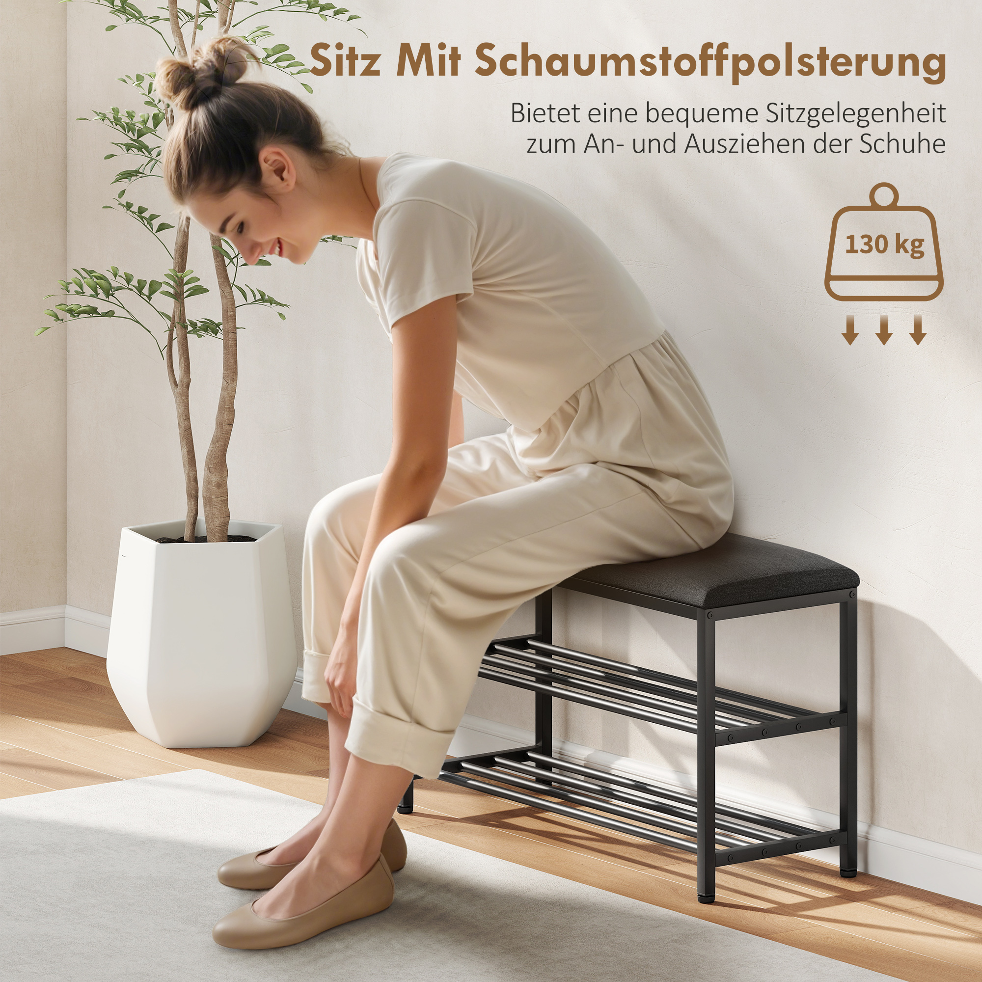 Schuhbank mit Sitzfläche, Sitzbank mit Stauraum, Schuhregal mit 2 offene Fächer, Sitzbank 81 x 31 x 50 cm Schwarz