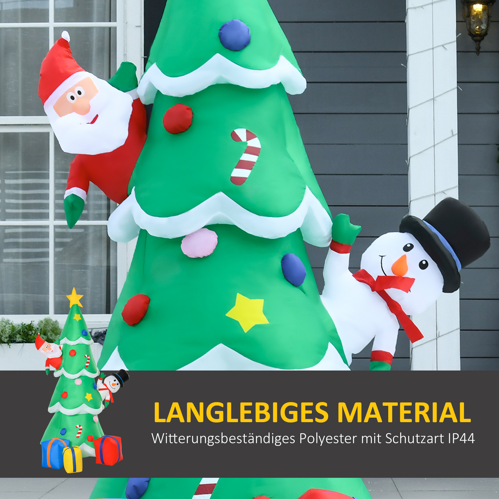 Aufblasbarer Weihnachtsbaum mit Weihnachtsmann Schneemann und Geschenkbox 210 cm Weihnachtsbeleuchtung LED Selbstaufblasend Polyester Grün 144 x 125 x 210 cm