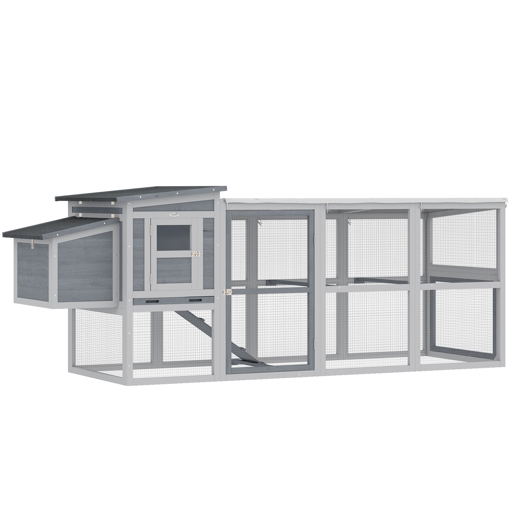 Hühnerstall Hühnerhaus für 3-4 Hühner mit Auslauf Nistkasten Asphaltdach Oxford-Abdeckung Auszugsschublade 264x82x89cm Grau