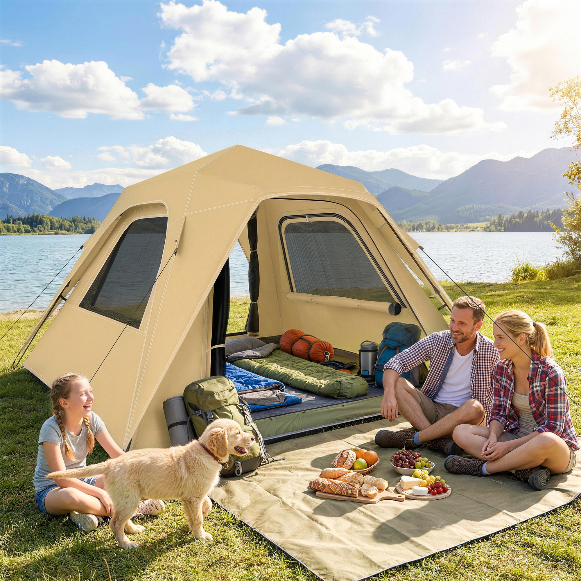 Instant-Pop-Up-Zelt mit Regenschutz, wasserdicht Kuppelzelt für 2-3 Personen mit 2 Türen 2 Fenstern 240x240x160 cm Khaki