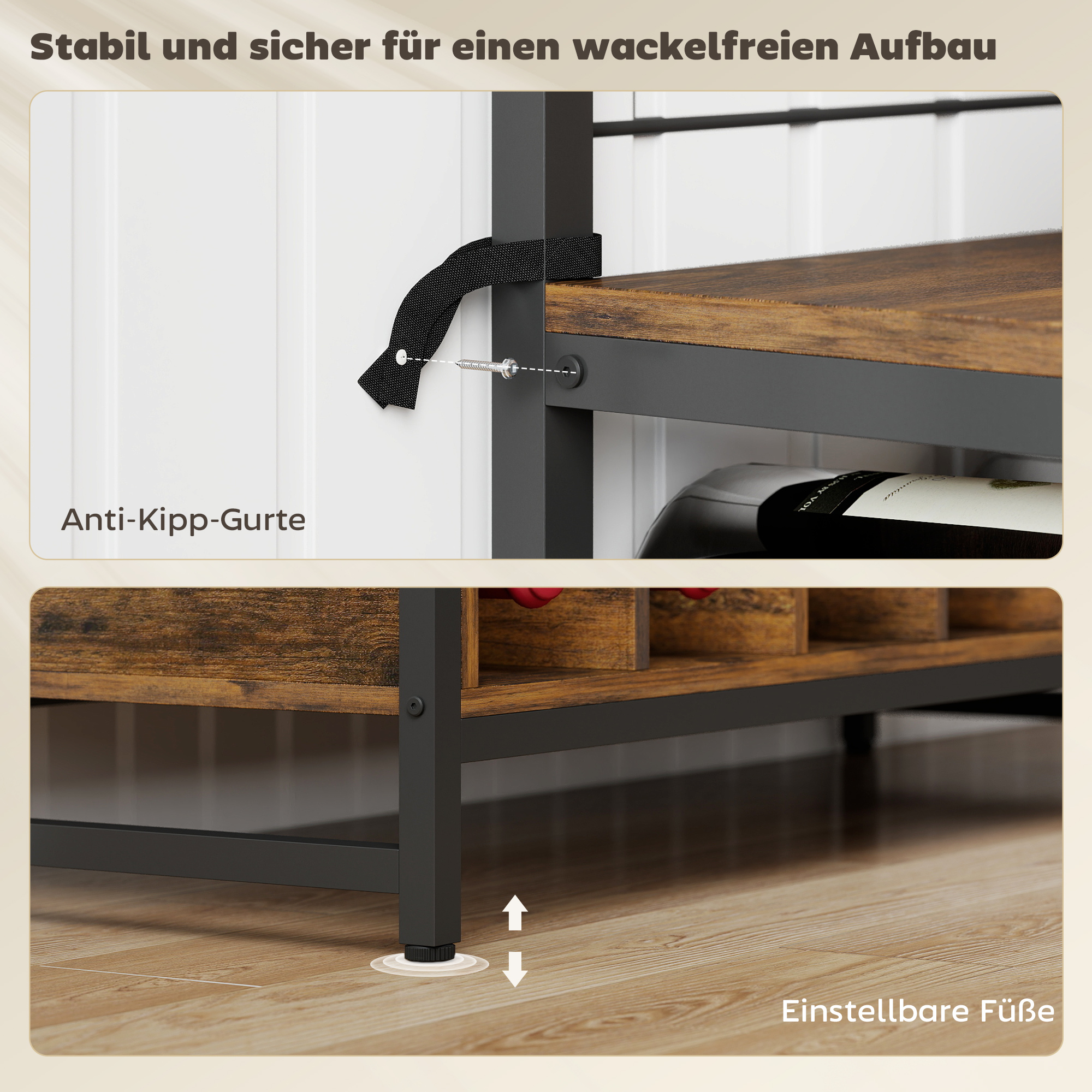 Küchenregal mit Arbeitsfläche, Metallgitterpaneele, 5 Haken, Küchenschrank für Gewürze, Töpfe, Pfannen, Braun