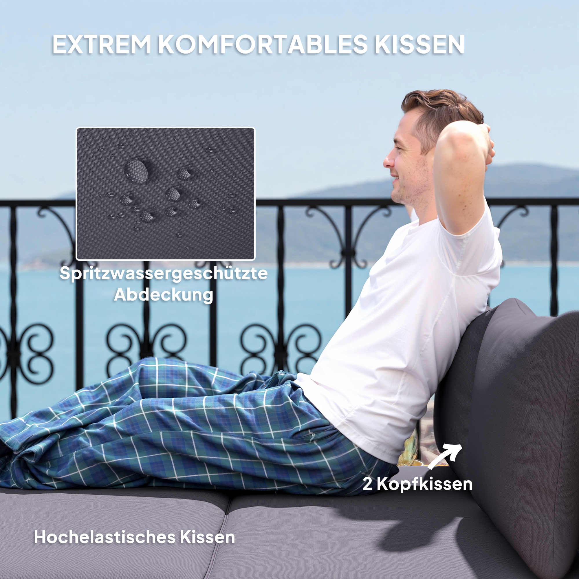 Polyrattan Sonnenliege für 2 Personen Doppelliege mit Fußhocker Stauraum Auflagen 125x114x72,5 cm Grau