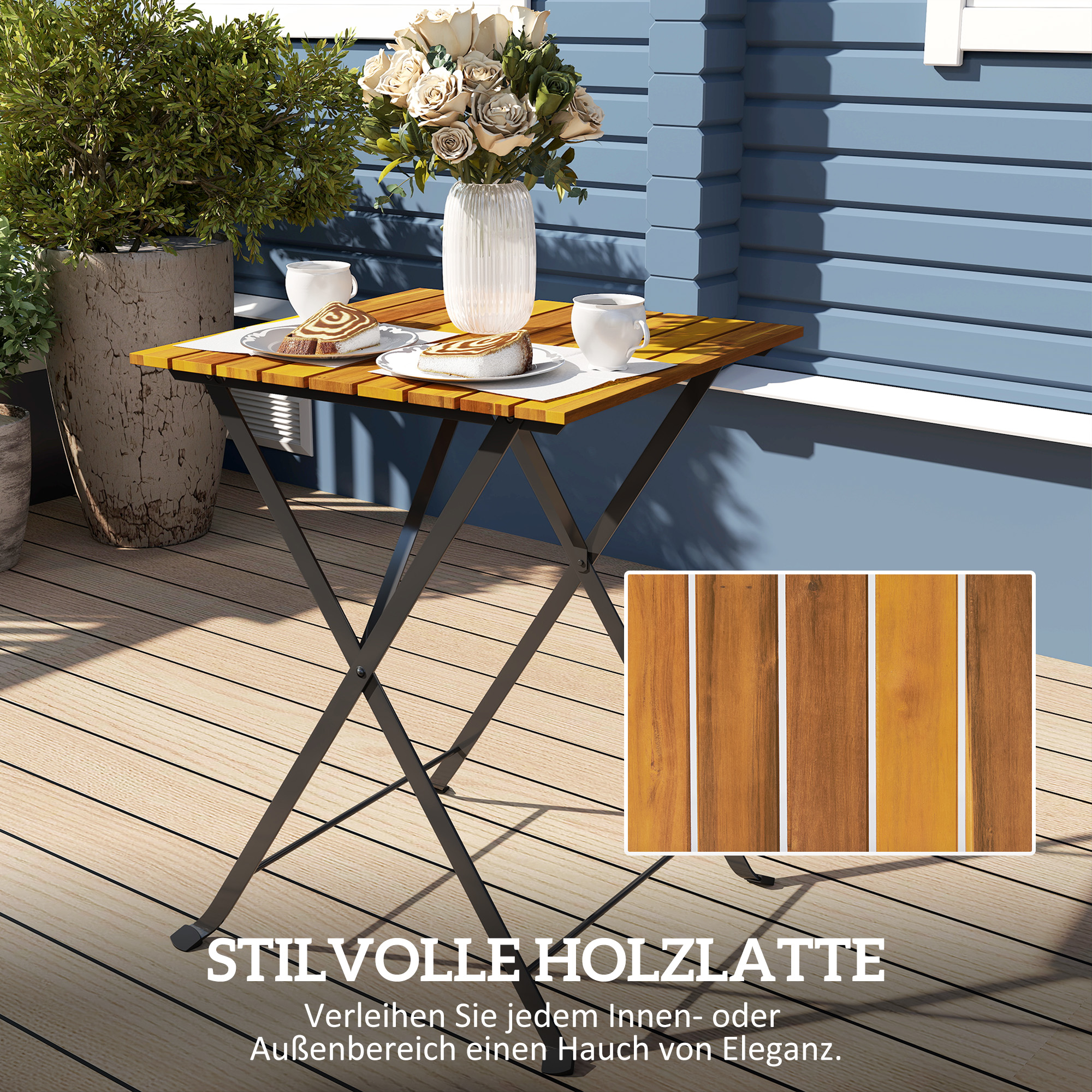 Sitzgruppe 3 tlg. Essgruppe für 2 Personen klappbarer Esstisch mit 2 klappbare Stühle für Terrasse Balkon Teak