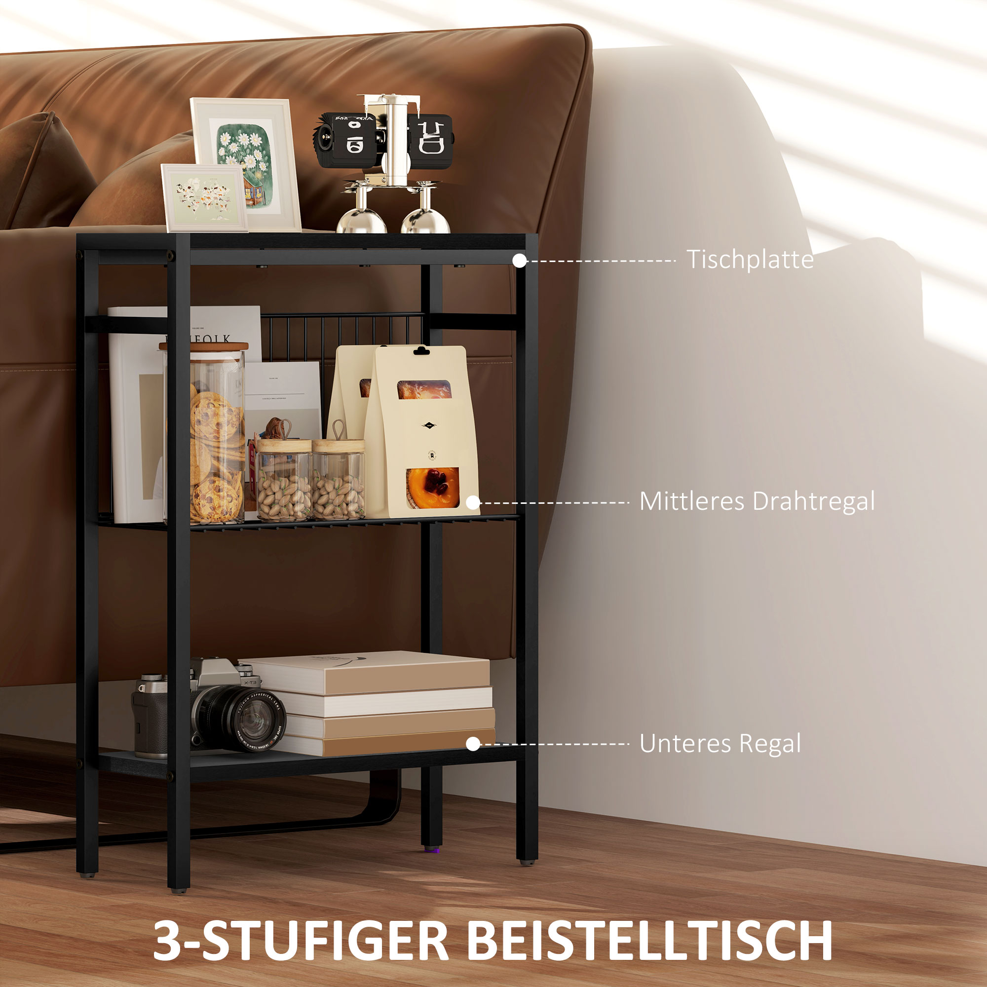 Beistelltisch, 3-stufiges Design, Regale in Holzoptik, Metallrahmen, Schwarz