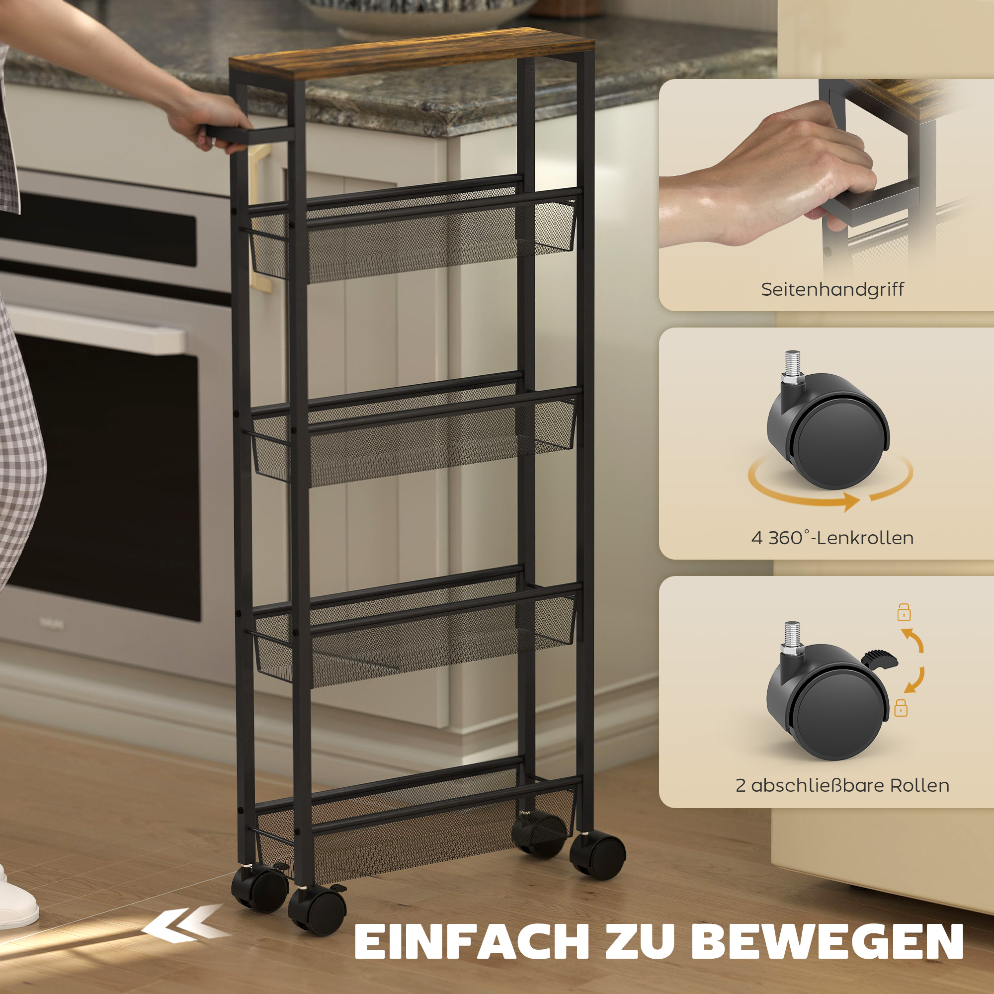 Küchenwagen Servierwagen mit 5 Ebenen, Rollwagen Küchenregal mit Arbeitsplatte, Rollen Griff 47 x 13 x 96,5 cm, Schwarz