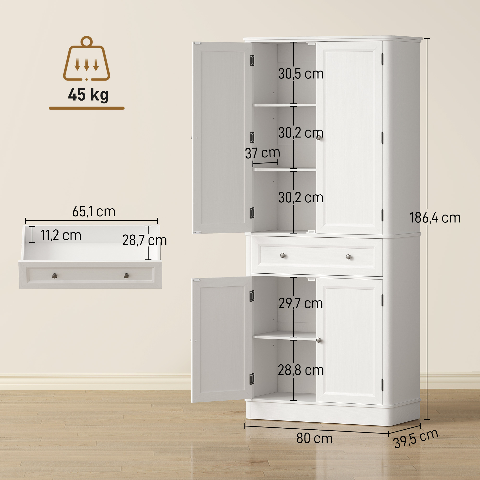 Küchenschrank mit 4 Türen, Schublade und verstellbaren Einlegeböden für Küche, 80 x 39,5 x 186,4 cm Weiß