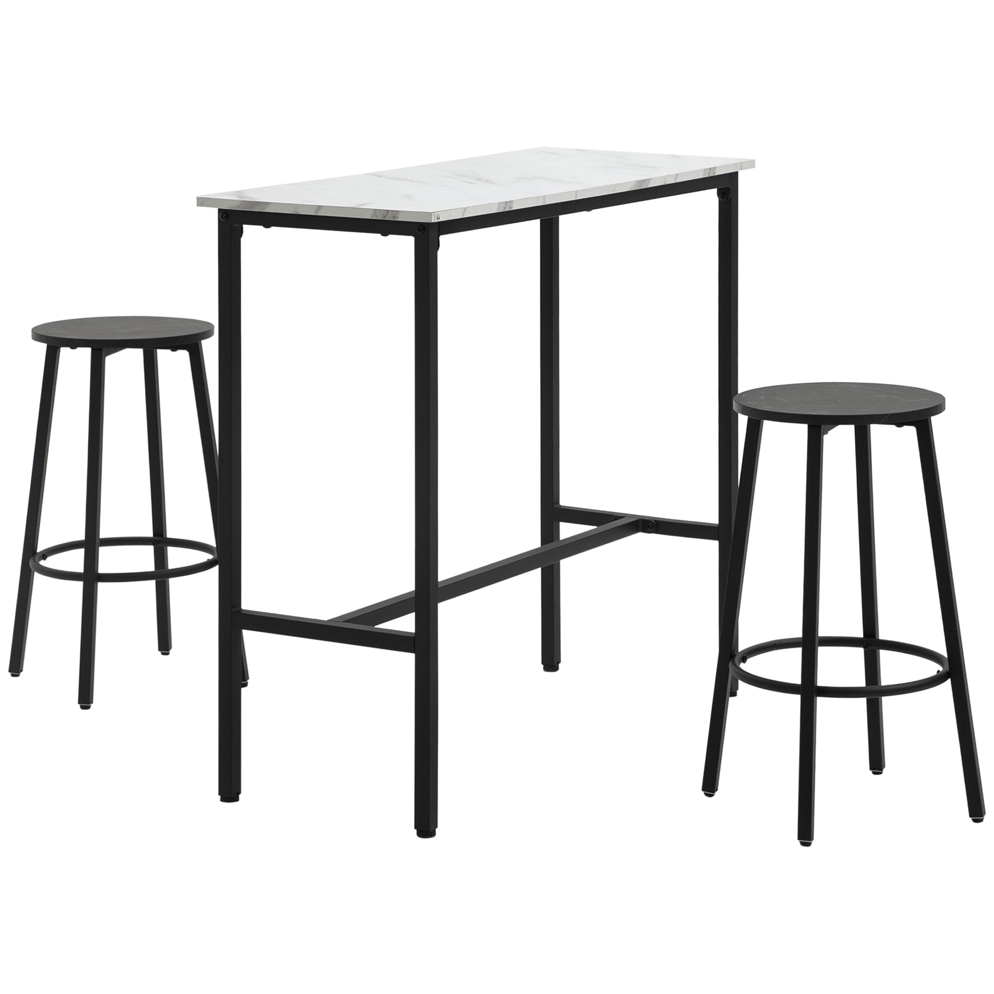 Bar-Set für 2 Personen, 1 Tisch mit 2 Barhockern, Tischplatte in weißer Marmoroptik, Stahlrahmen