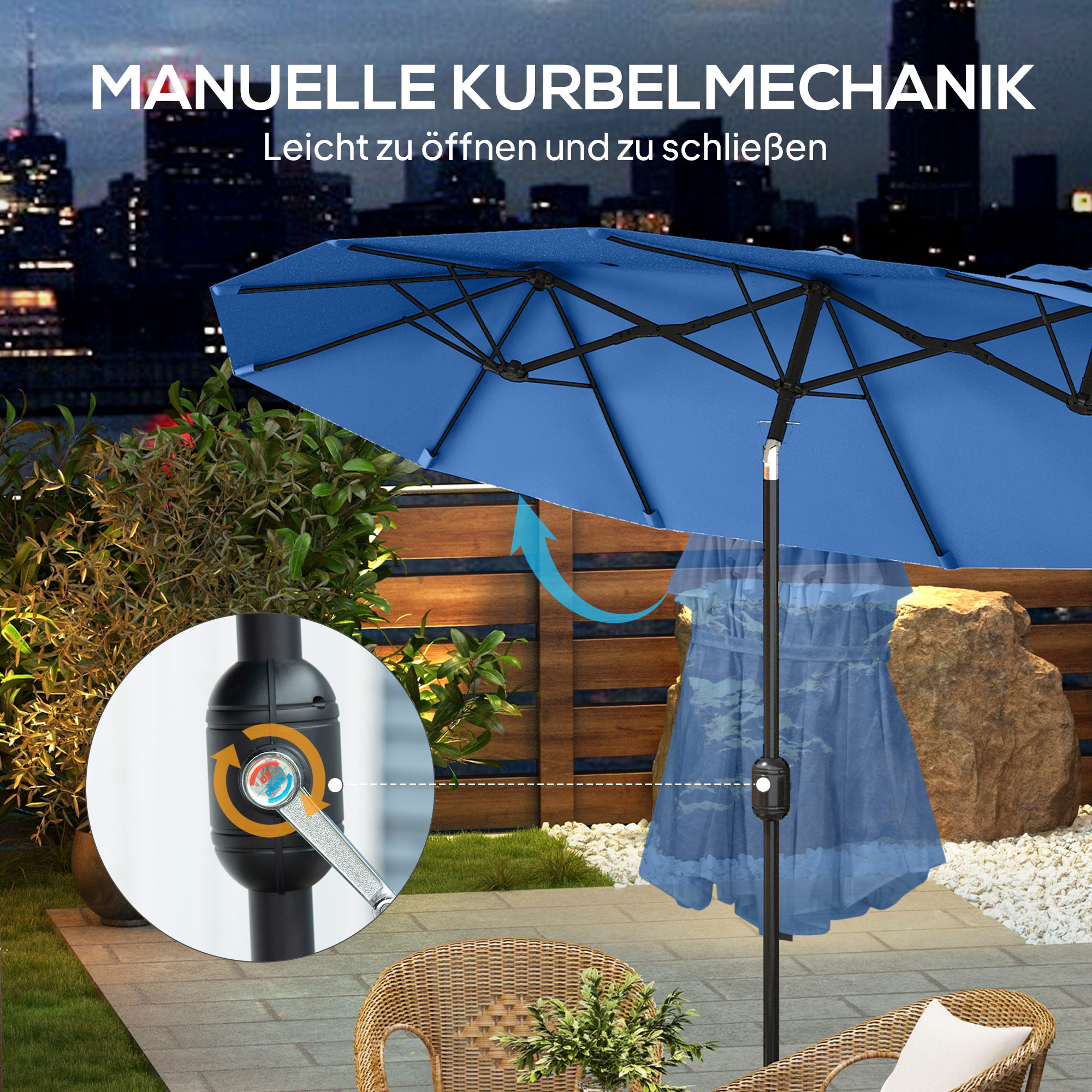 Sonnenschirm, Gartenschirm, neigbar, mit Handkurbel, Winddach, Polyester+Stahl, Marineblau, 285 x 147 cm