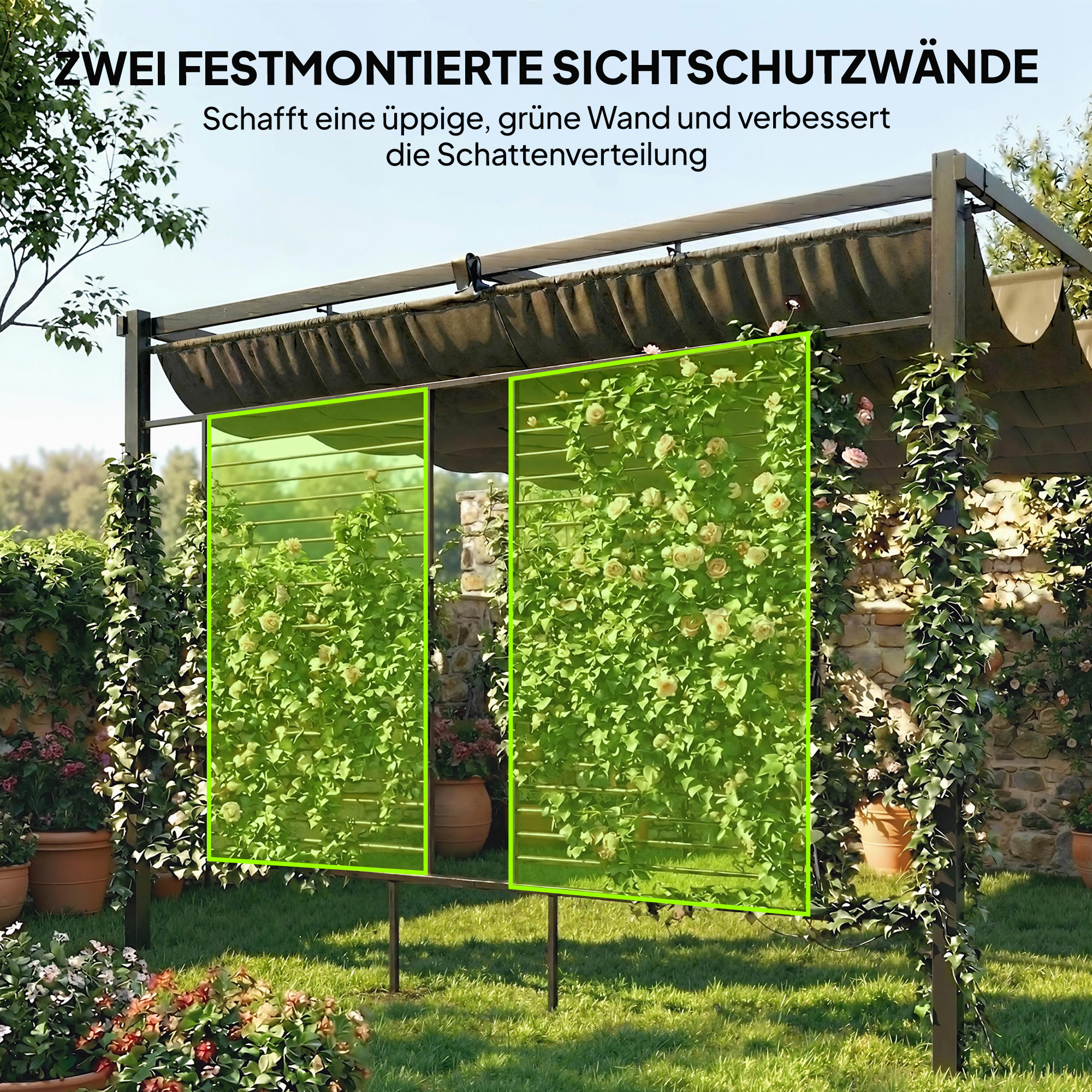 Pergola 3,87 x 2,97 m Terrassenüberdachung mit Schiebedach, 2 Sichtschutz, UV 50+ Dunkelgrau