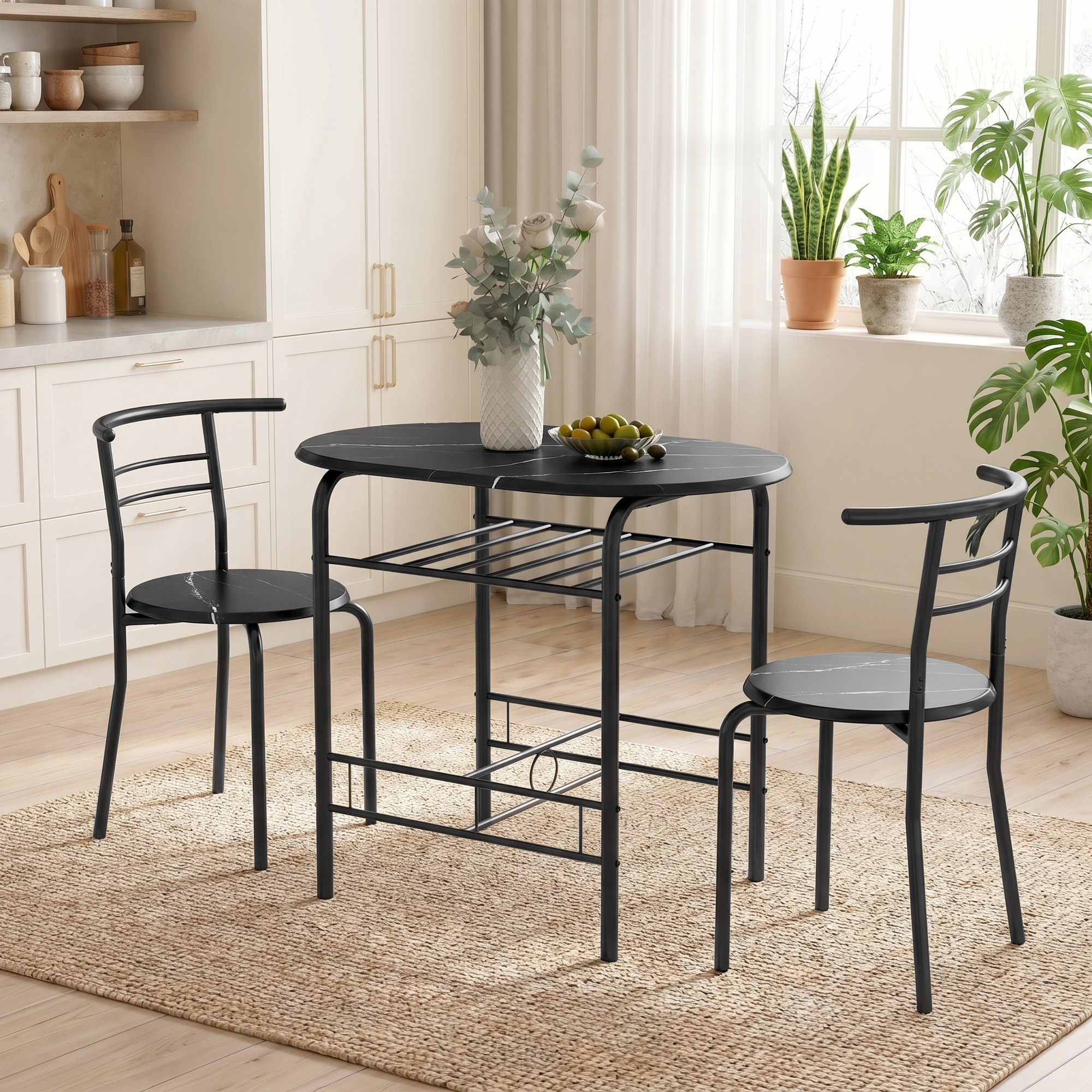 Essgruppe 3-teilig, Küchentisch und Stühle für 2 Personen mit Regal, Wohnzimmer, schwarze Marmor-Optik